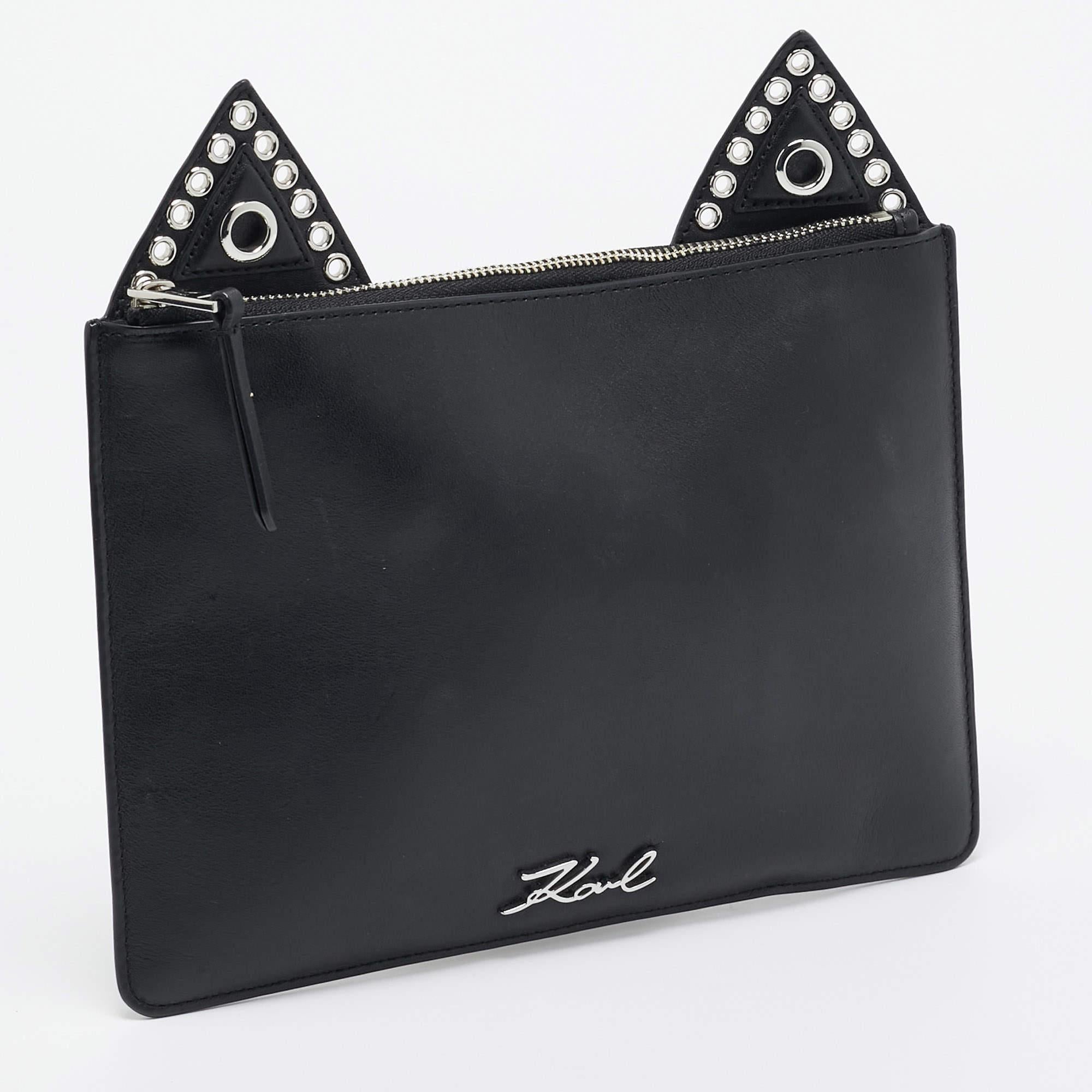 Karl Lagerfeld Black Leather Eyelet Cat Ear Pouch In Good Condition For Sale In Dubai, Al Qouz 2