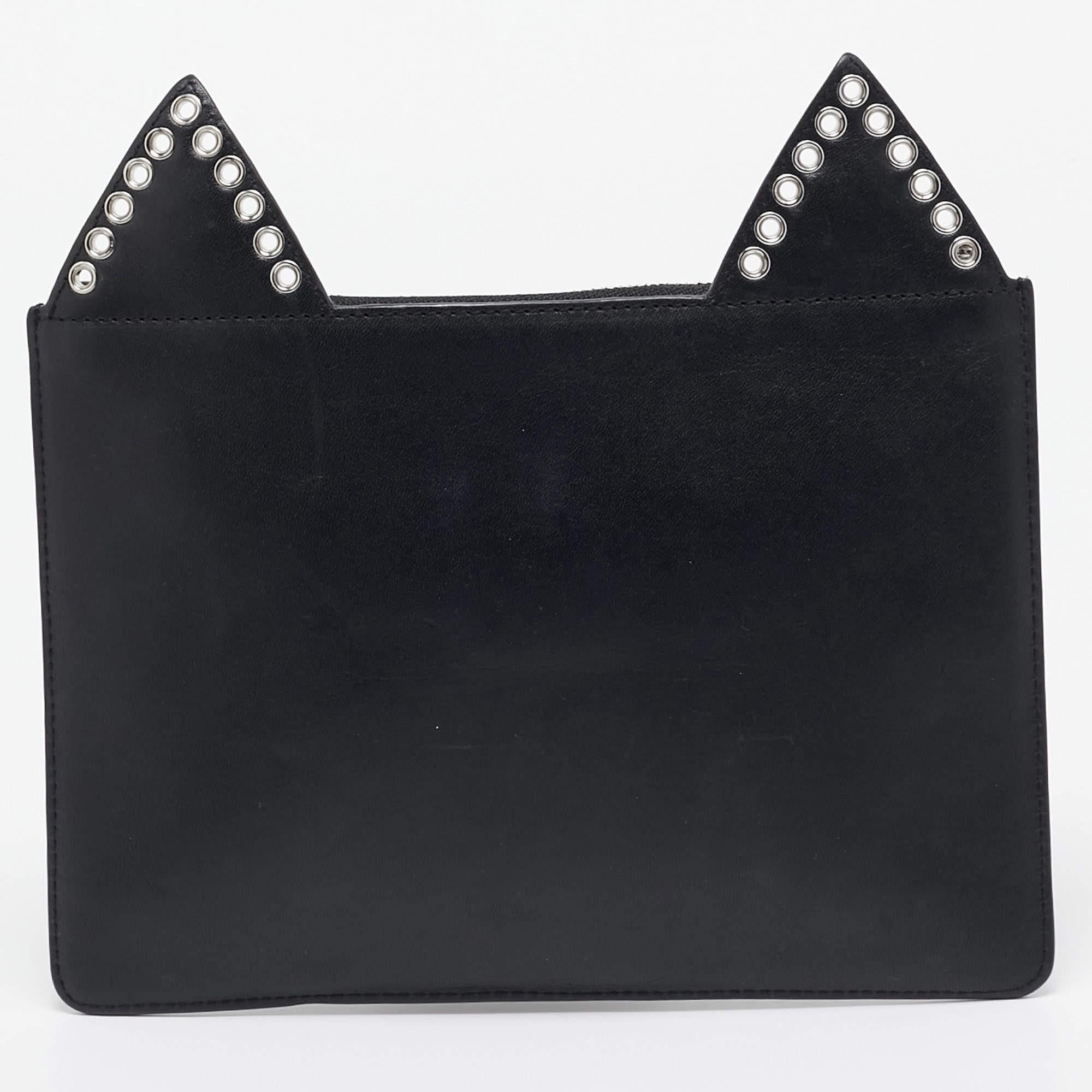 Women's Karl Lagerfeld Black Leather Eyelet Cat Ear Pouch For Sale