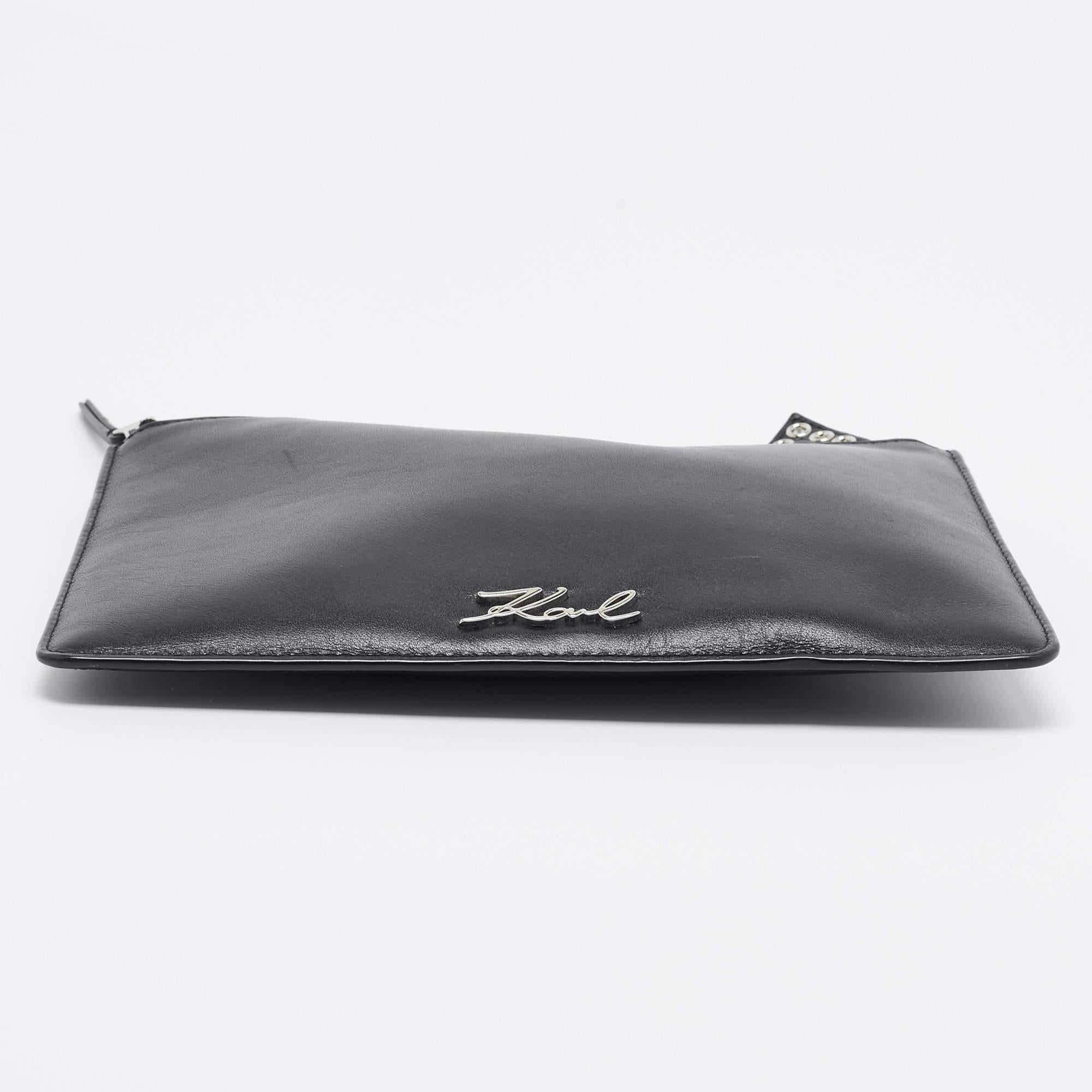 Karl Lagerfeld Black Leather Eyelet Cat Ear Pouch For Sale 2