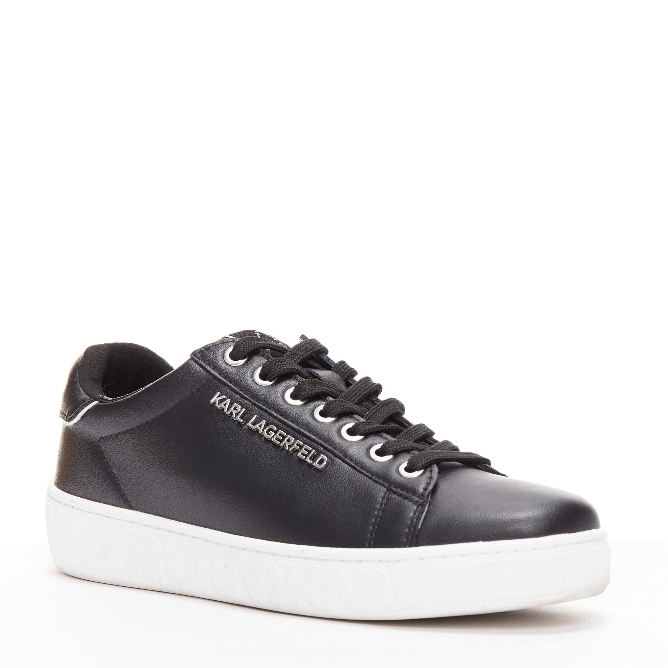 KARL LAGERFELD black leather silver logo chunky lace up sneakers EU38
Reference: NILI/A00065
Brand: Karl Lagerfeld
Material: Leather
Color: Black, White
Pattern: Solid
Closure: Lace Up
Lining: Black Leather
Extra Details: Logo at back.
Made in: