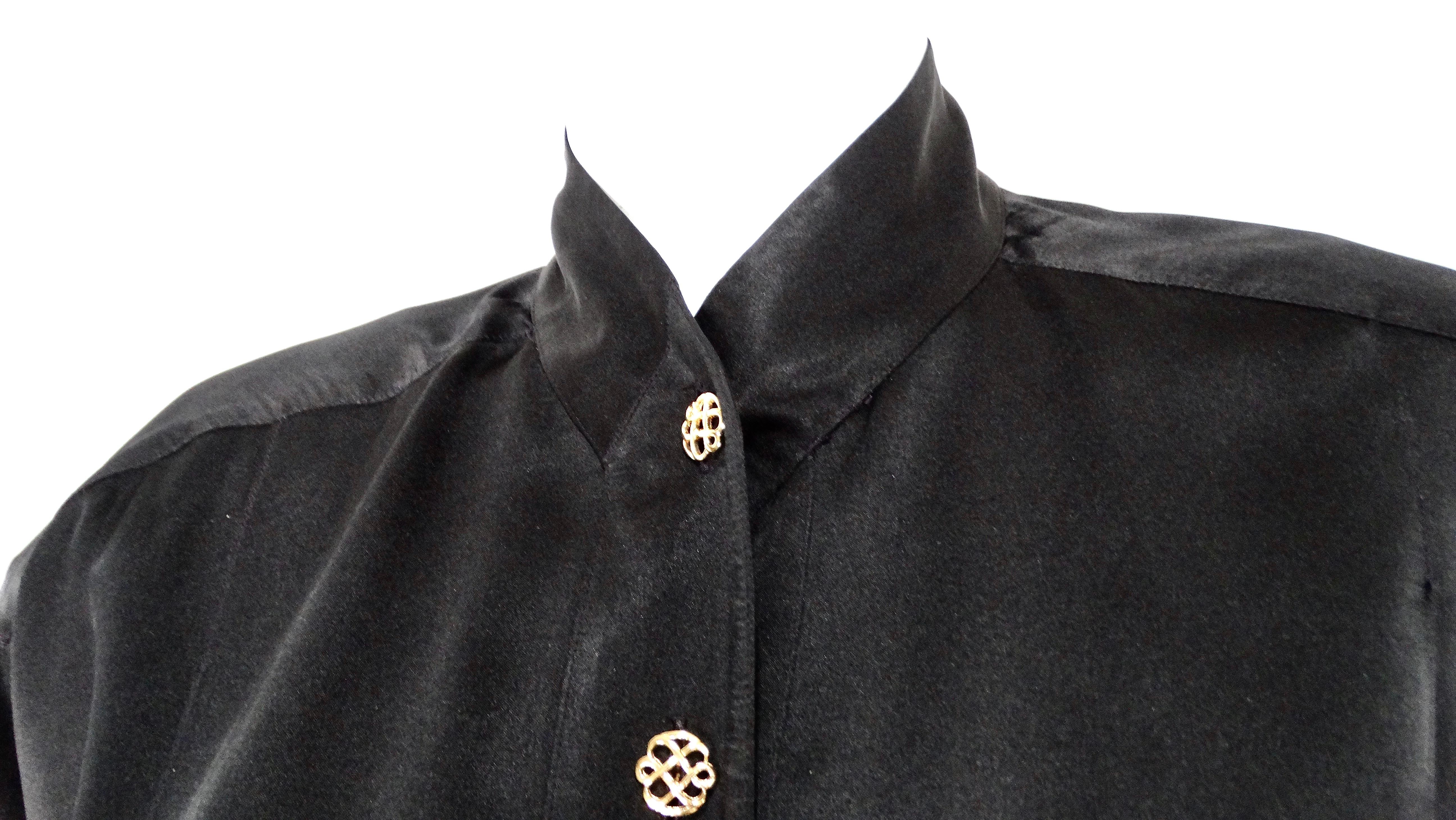 Karl Lagerfeld Black Silk Button-Up Cufflink Blouse circa 1980s In Good Condition For Sale In Scottsdale, AZ