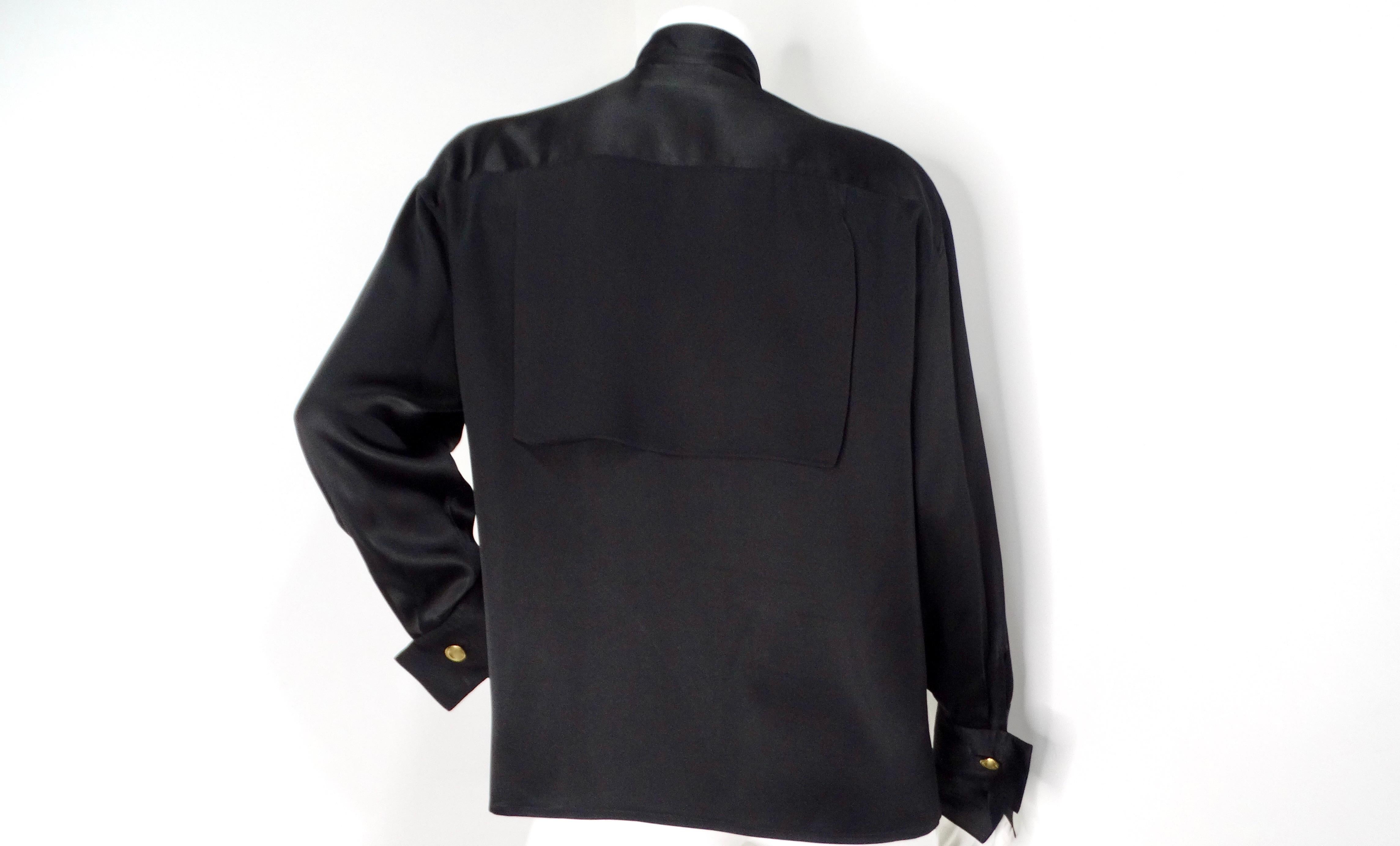 Karl Lagerfeld Black Silk Button-Up Cufflink Blouse circa 1980s For Sale 1