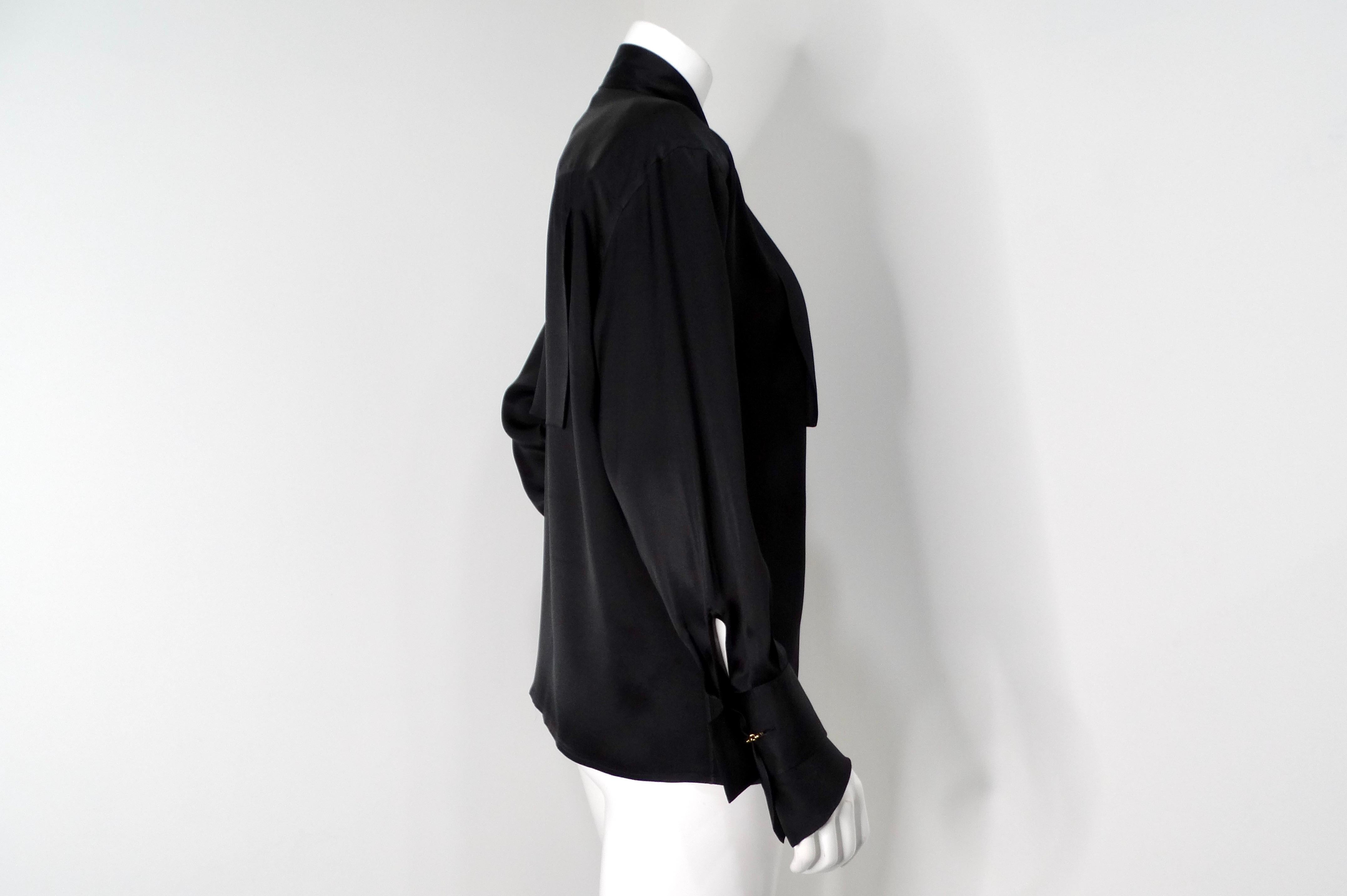 Karl Lagerfeld Black Silk Button-Up Cufflink Blouse circa 1980s For Sale 2