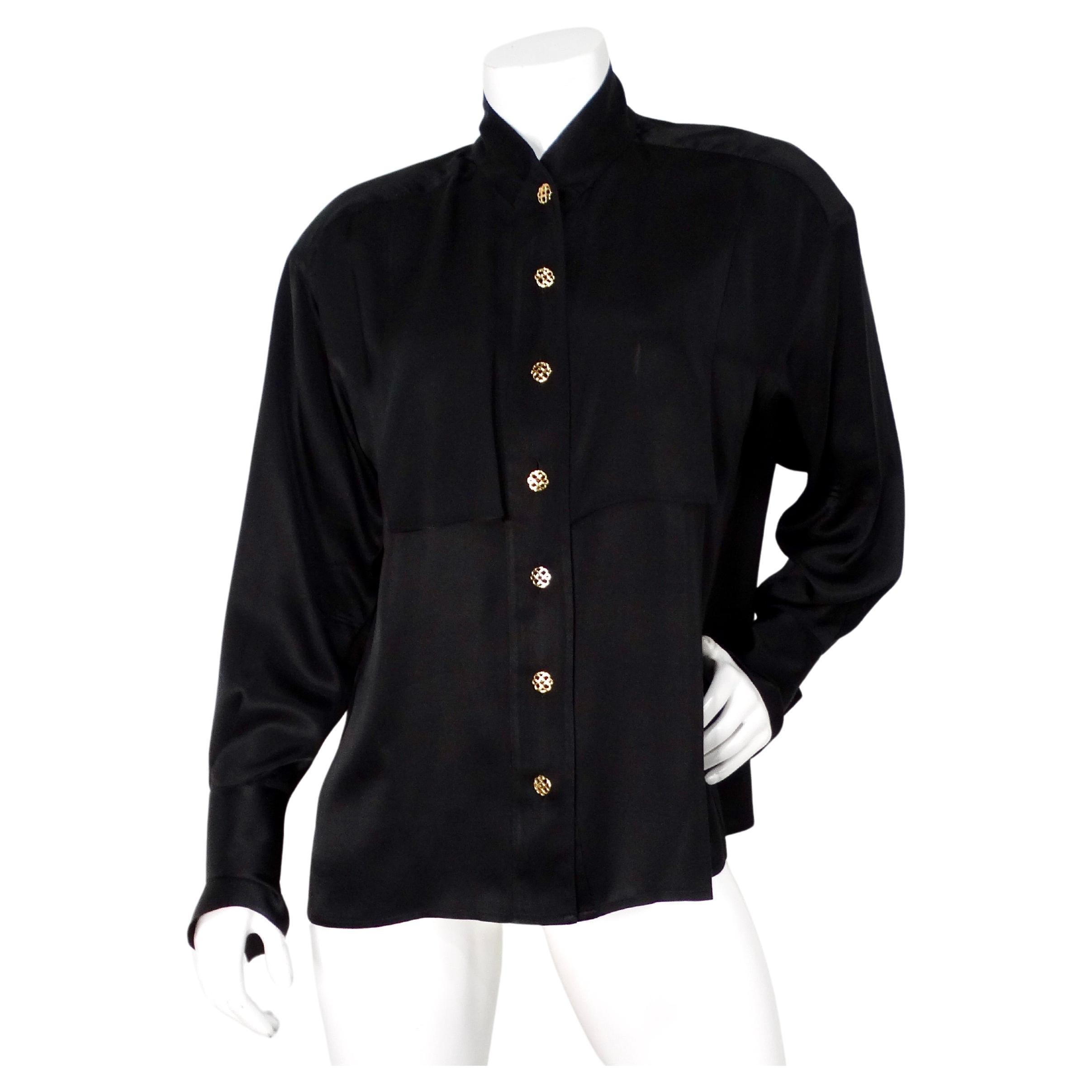 Karl Lagerfeld Black Silk Button-Up Cufflink Blouse circa 1980s For Sale