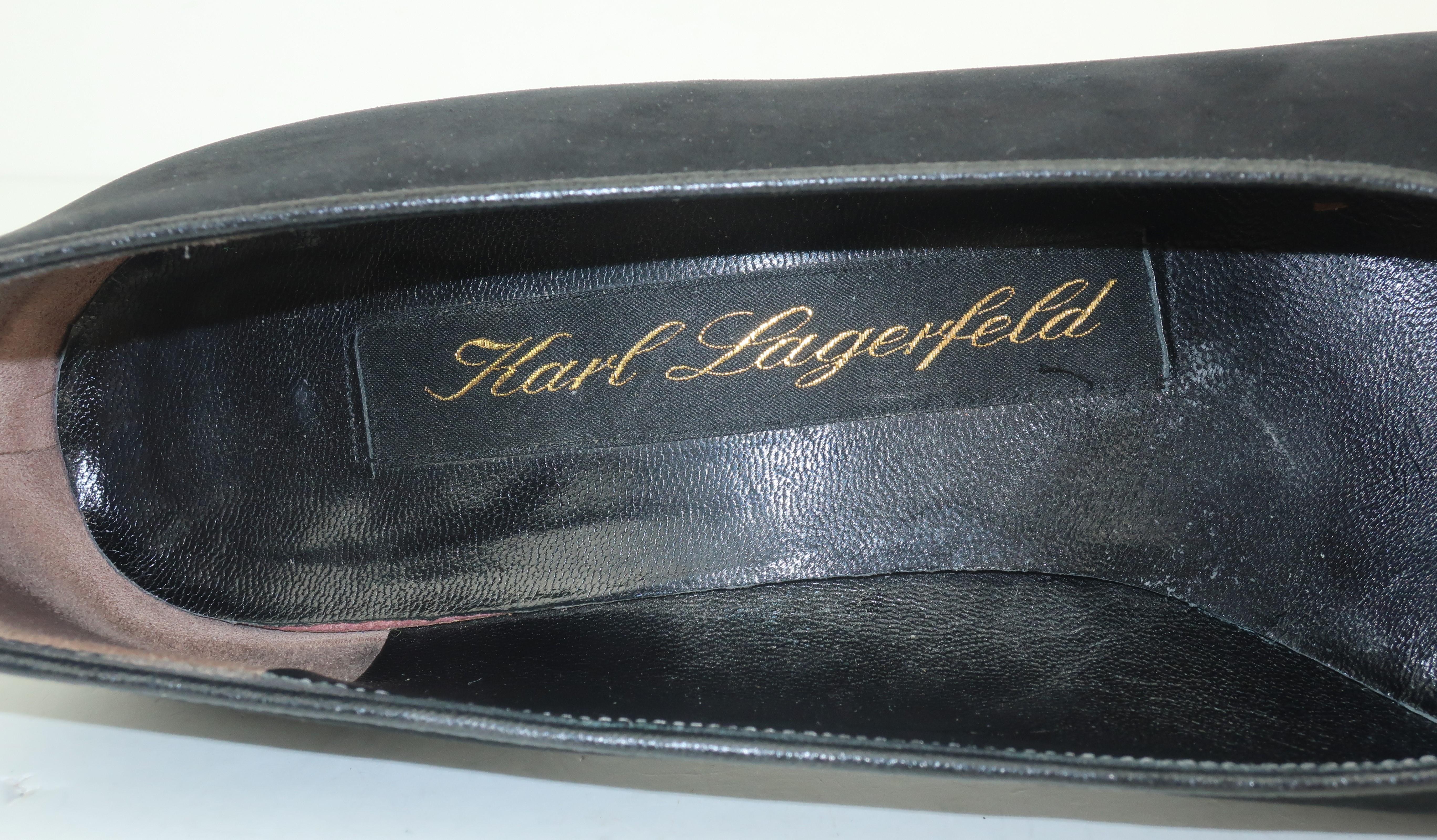 Karl Lagerfeld Black Suede Gold Logo Medallion Shoes Sz 7M, C.1990 3