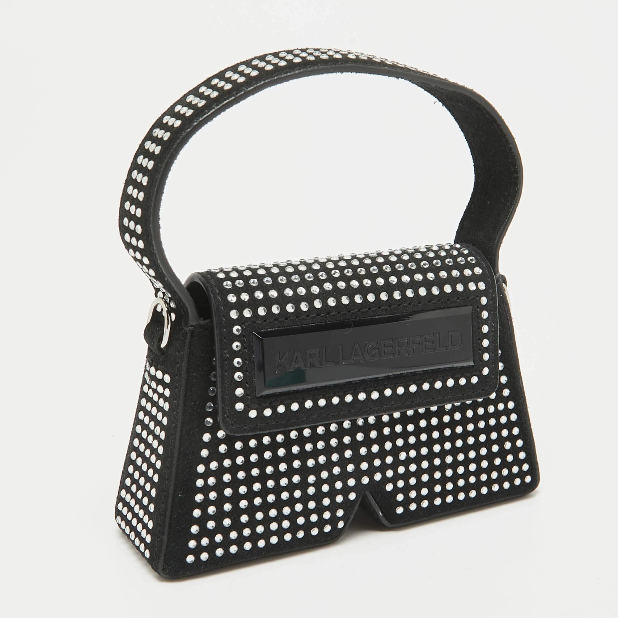 Karl Lagerfeld Black Suede Nano Crystals Ikon/K Bag In Good Condition For Sale In Dubai, Al Qouz 2