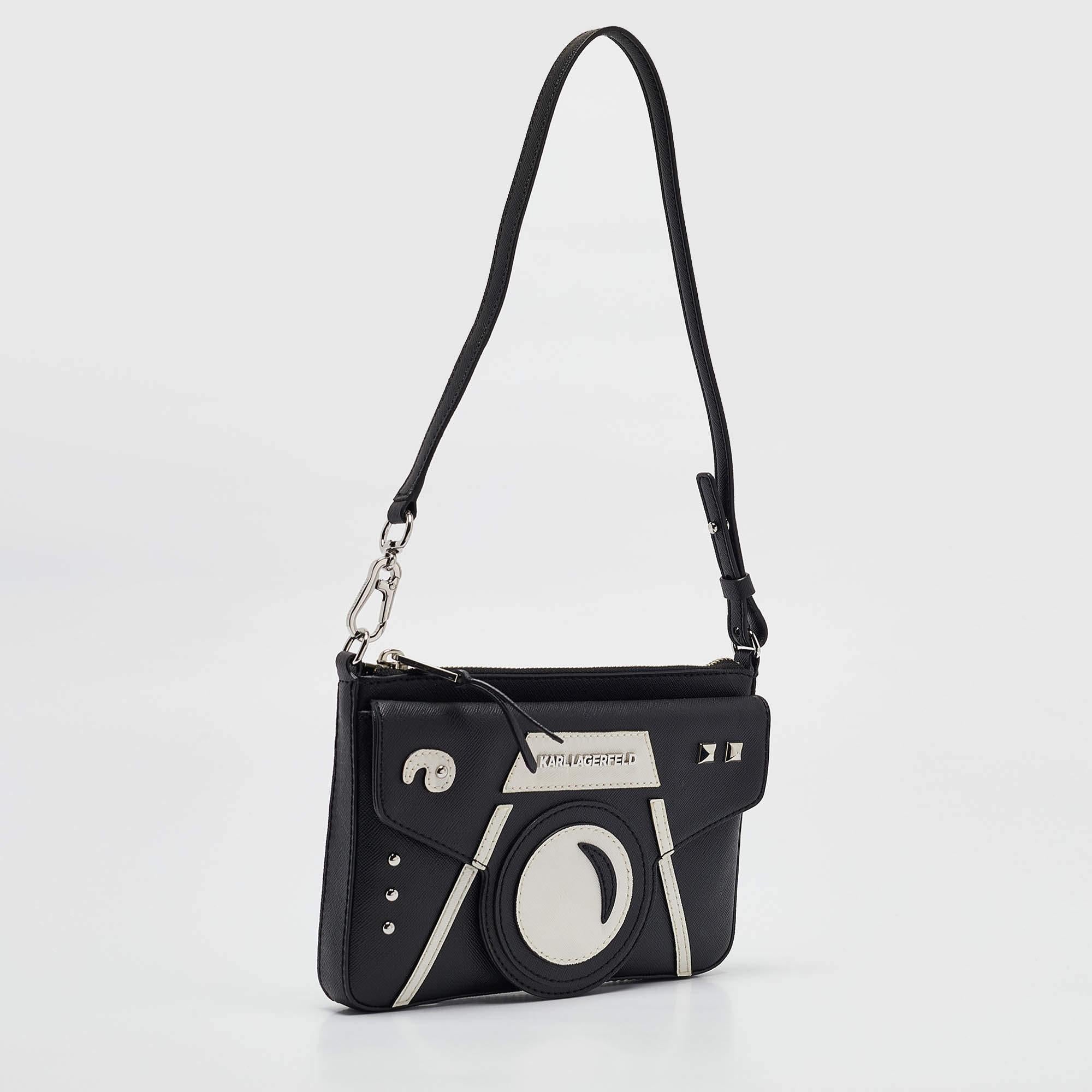 Noir Karl Lagerfeld - Sac à bandoulière en simili-cuir noir/blanc avec appareil photo en vente