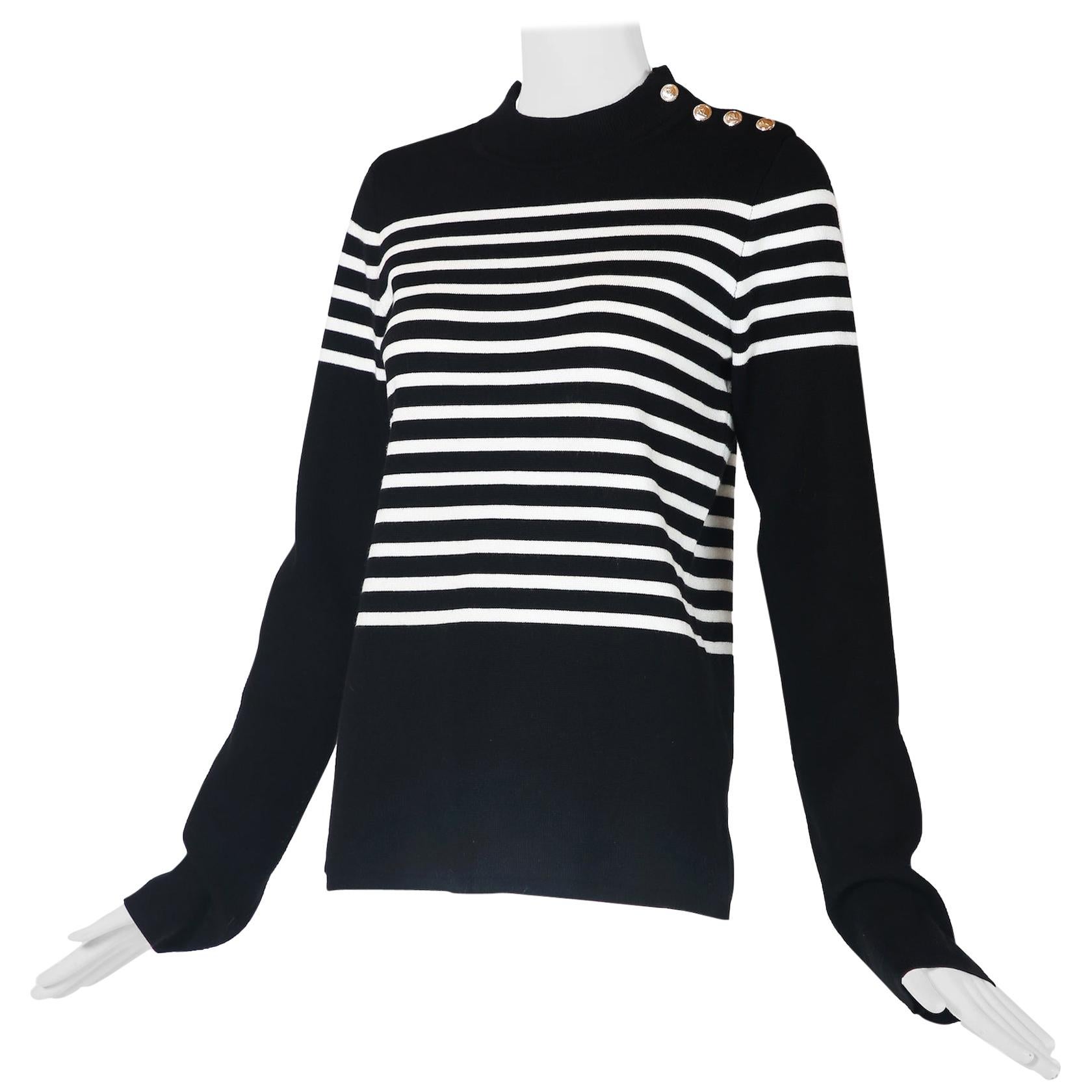 Karl Lagerfeld Black and White Striped Breton Sweater W/Silvertone