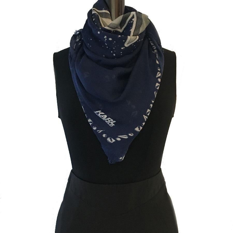Black Karl Lagerfeld Blue And White Scarf With Small Fringes.