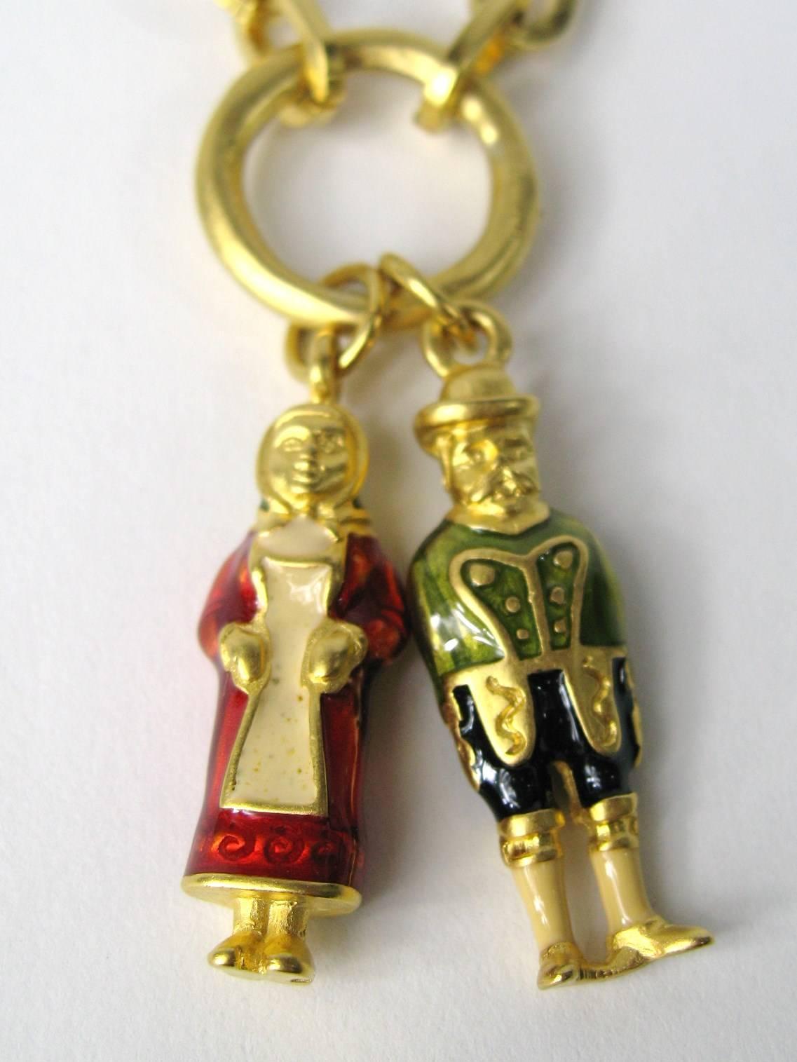 Double Link Karl Lagerfeld Bracelet depicting a Gentleman and a Maiden Measuring 7.5 inches end to end. Charms measure 1.40 inches long . Matching necklace and Brooch listed on our storefront as well. This is out of a massive collection of Hopi,