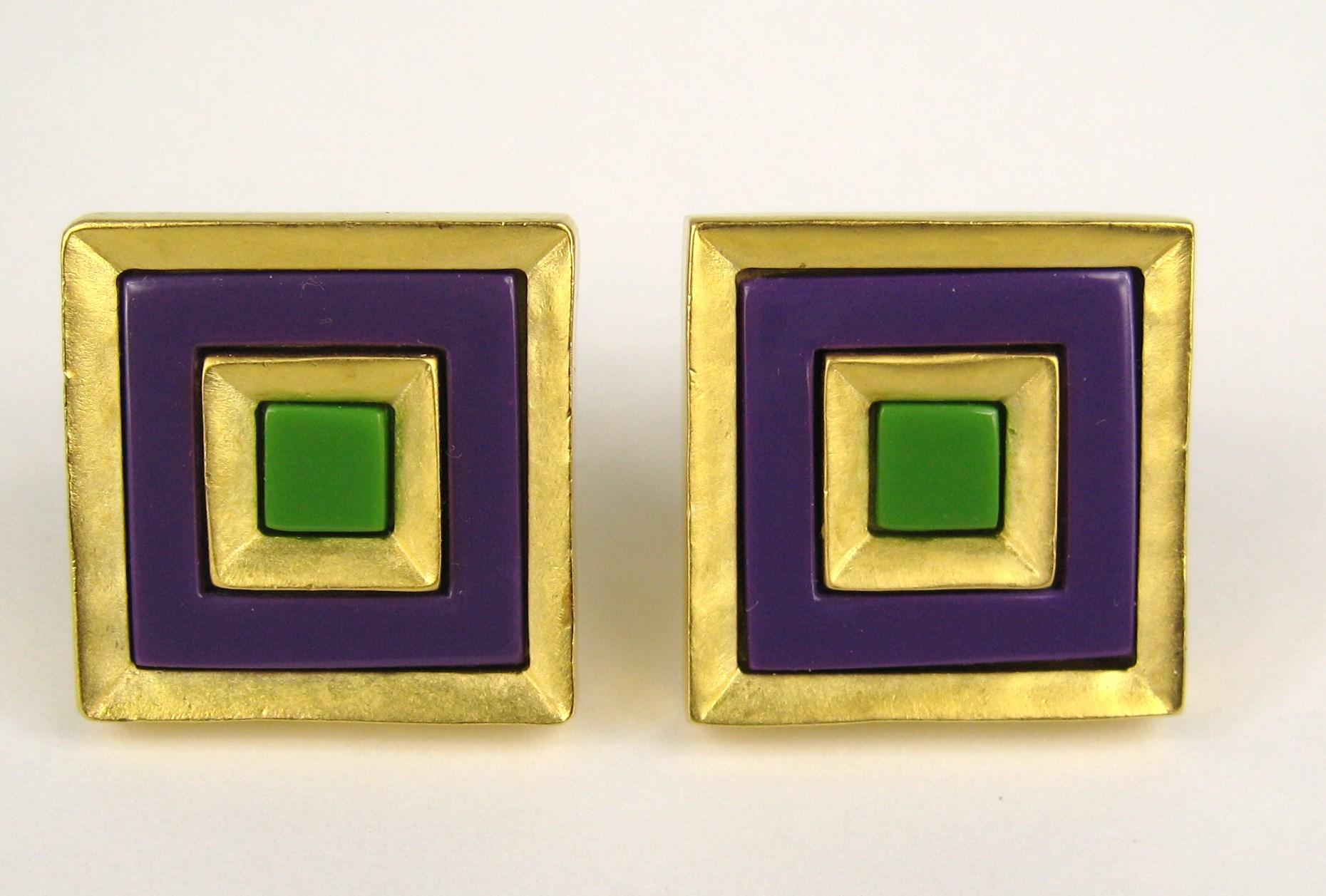 Karl Lagerfeld Earrings Charm Square Enameled Clip on  In New Condition For Sale In Wallkill, NY