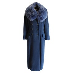 Karl Lagerfeld Coat Long Trench Style Wool Blend with Blue Fox Fur Collar 90s