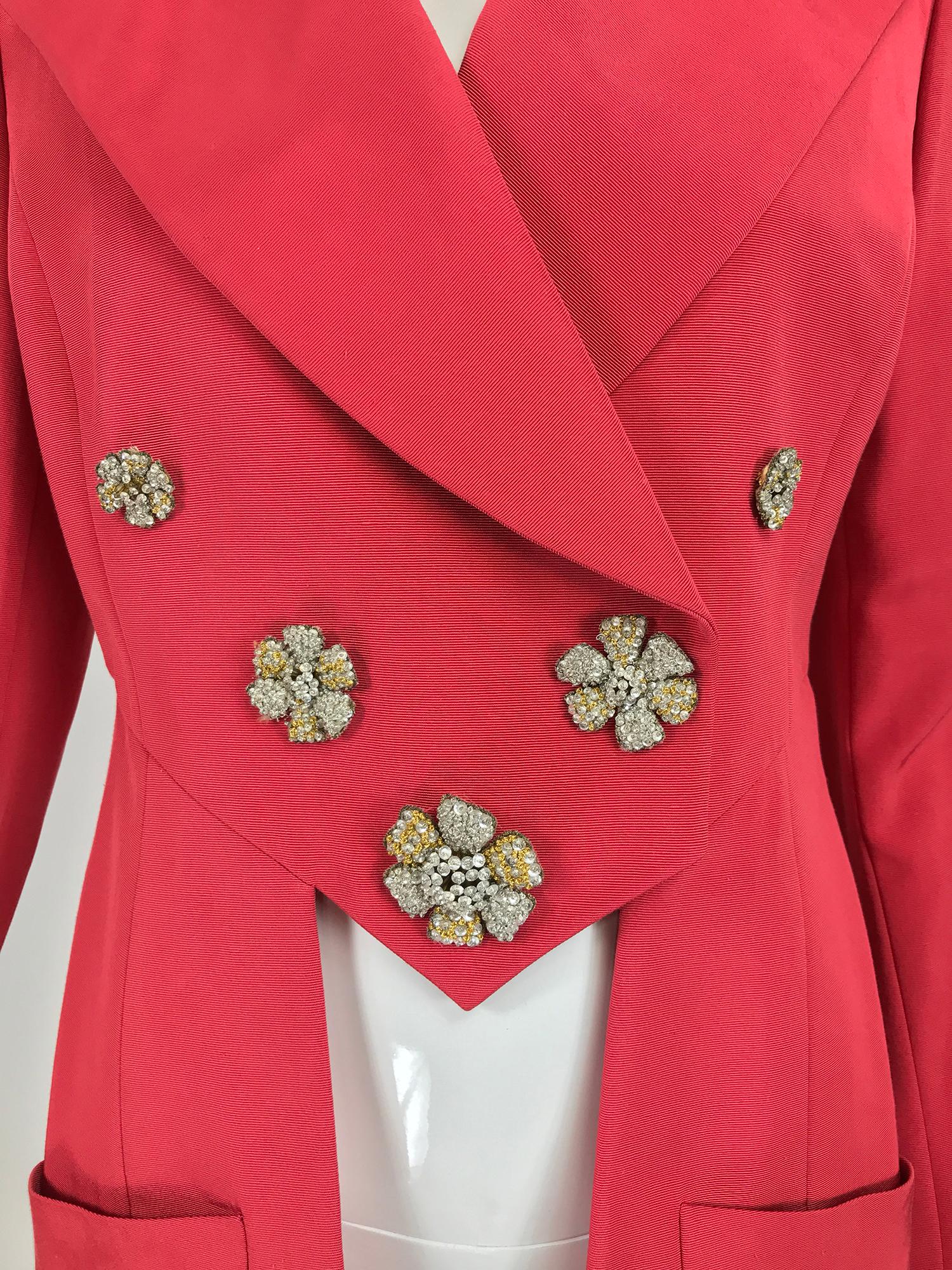 Karl Lagerfeld Coral Red Silk Faille Reddingote Style Coat 1990s 3