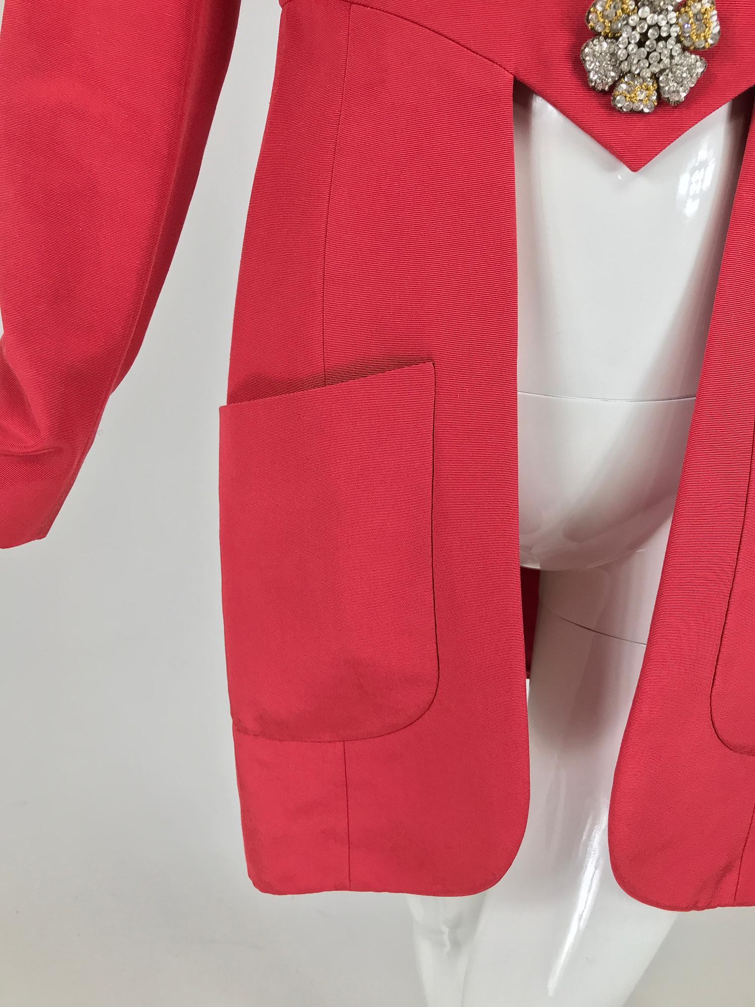 Karl Lagerfeld Coral Red Silk Faille Reddingote Style Coat 1990s 5
