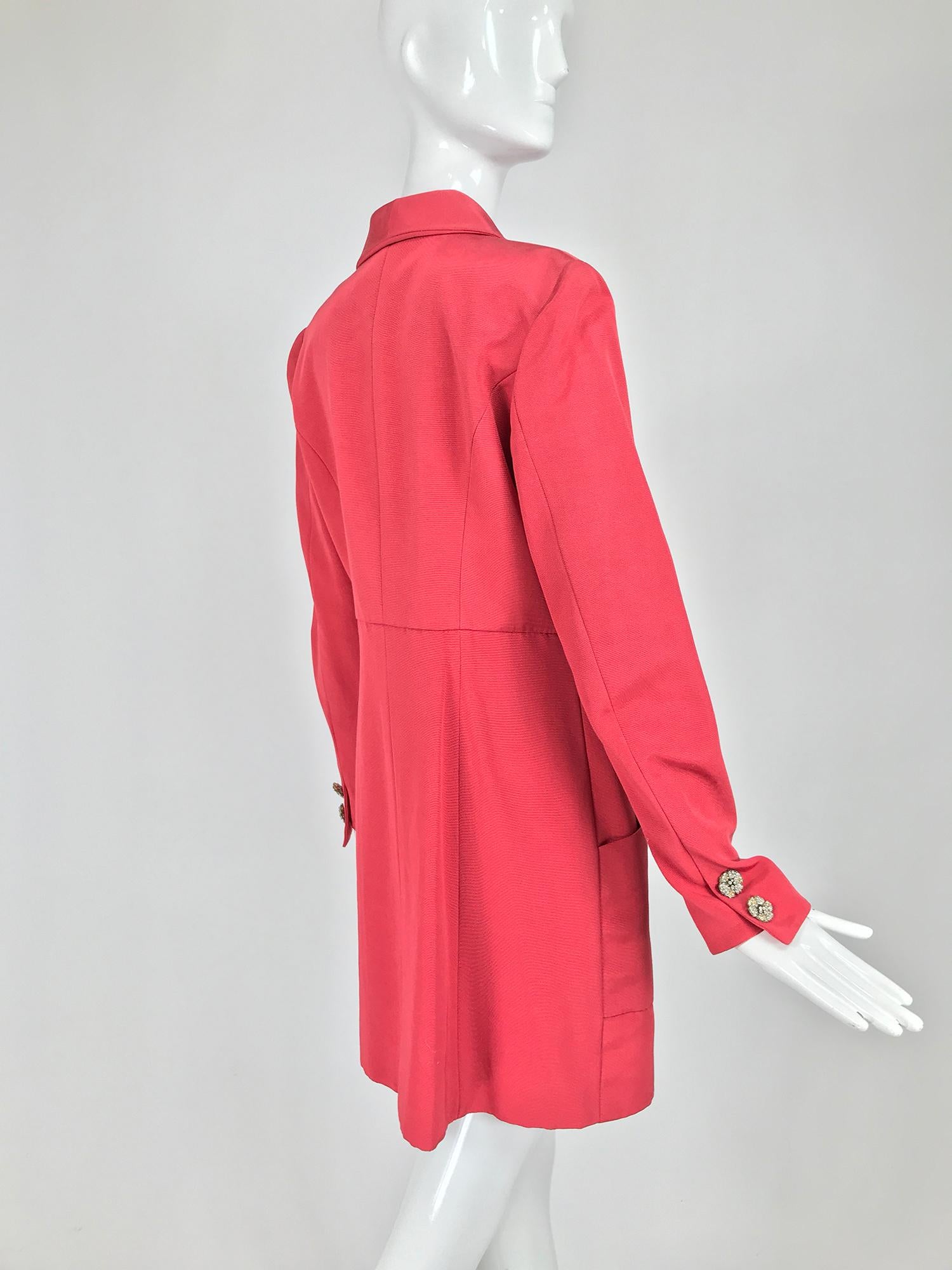 Women's Karl Lagerfeld Coral Red Silk Faille Reddingote Style Coat 1990s