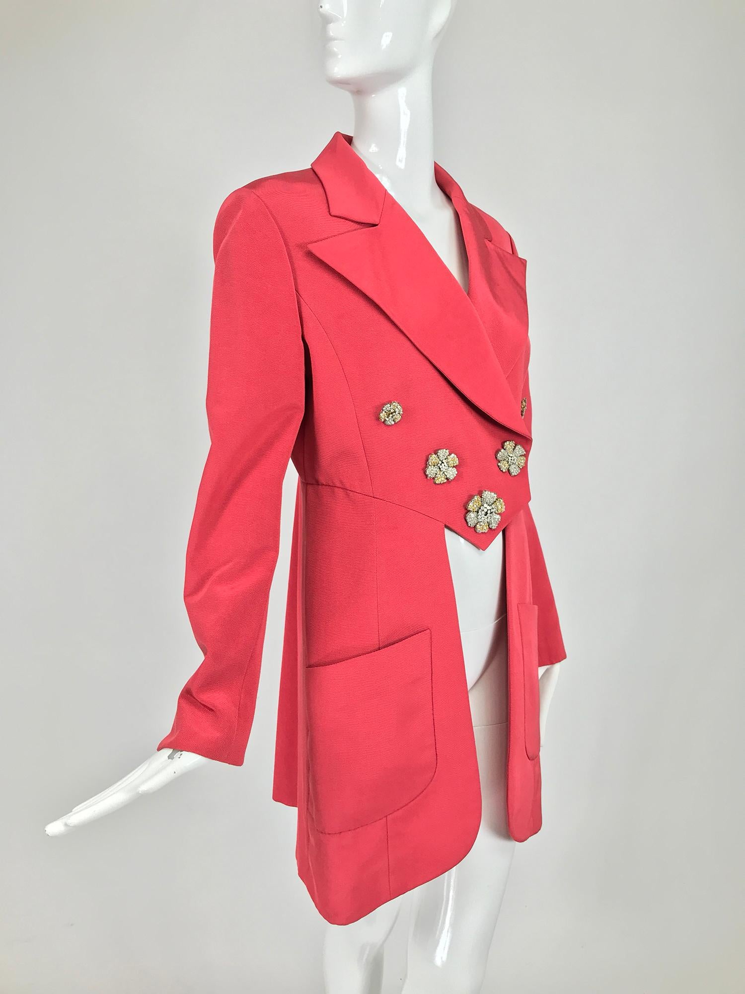 Karl Lagerfeld Coral Red Silk Faille Reddingote Style Coat 1990s 1