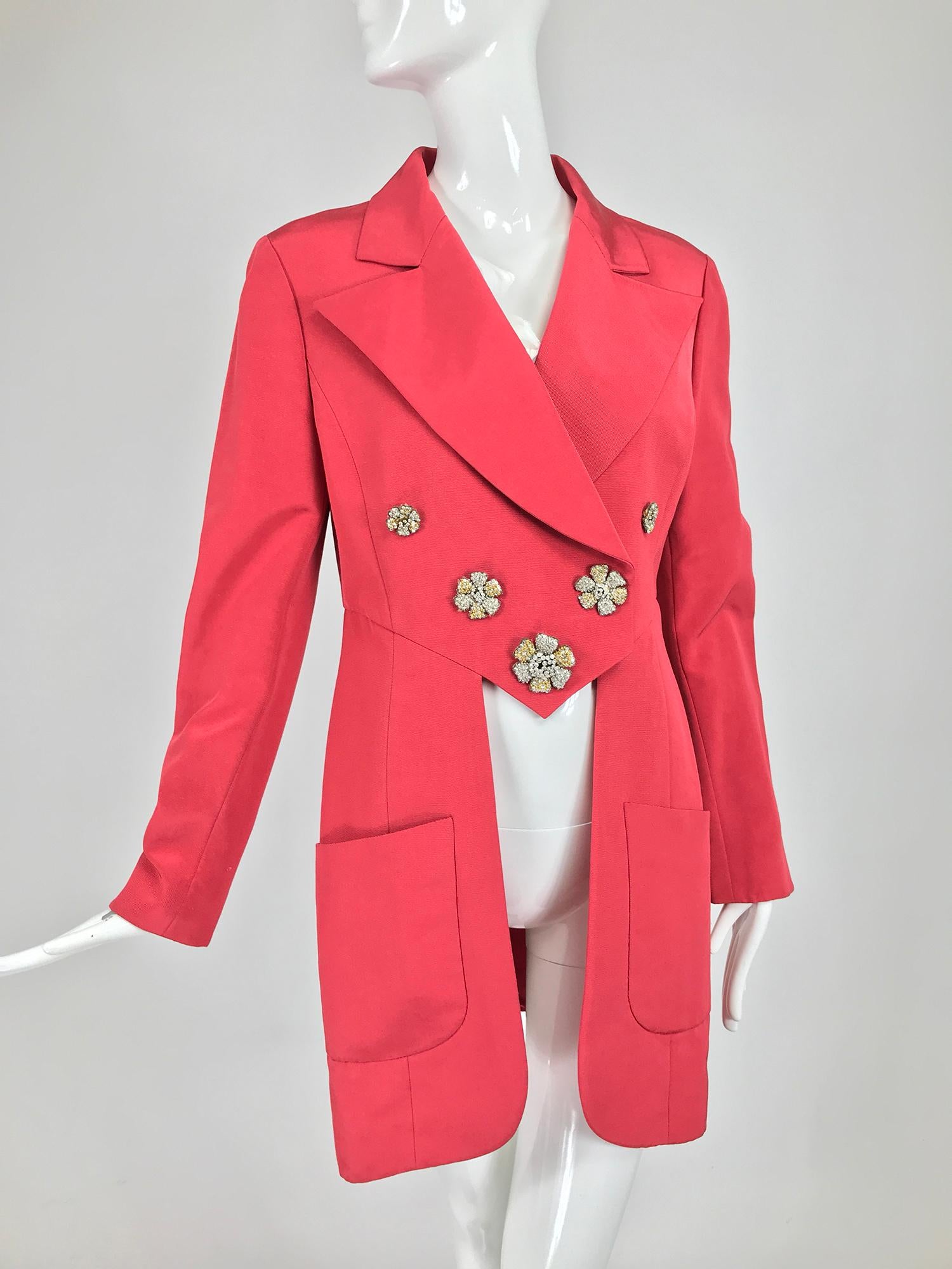 Karl Lagerfeld Coral Red Silk Faille Reddingote Style Coat 1990s 2