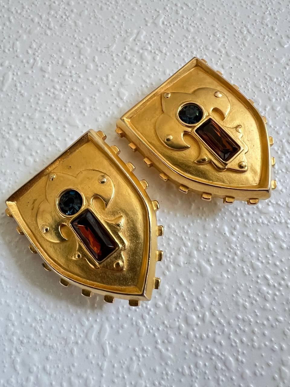 Karl Lagerfeld Crystal Shield Clip-On Earrings, 1990s For Sale 1