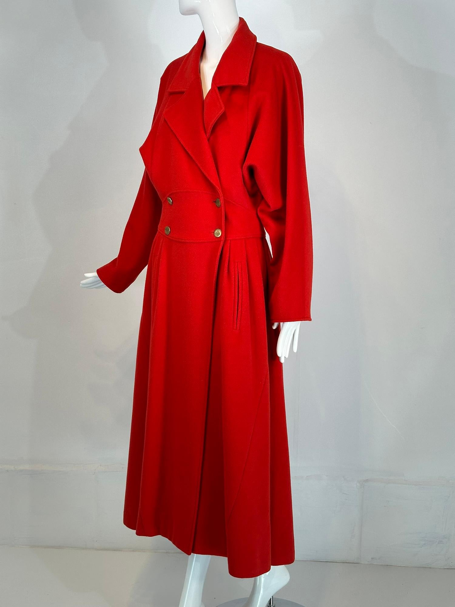 Karl Lagerfeld Dramatic Red Wool Dolman Sleeve Semi Full Skirt Coat 10 1980s For Sale 6