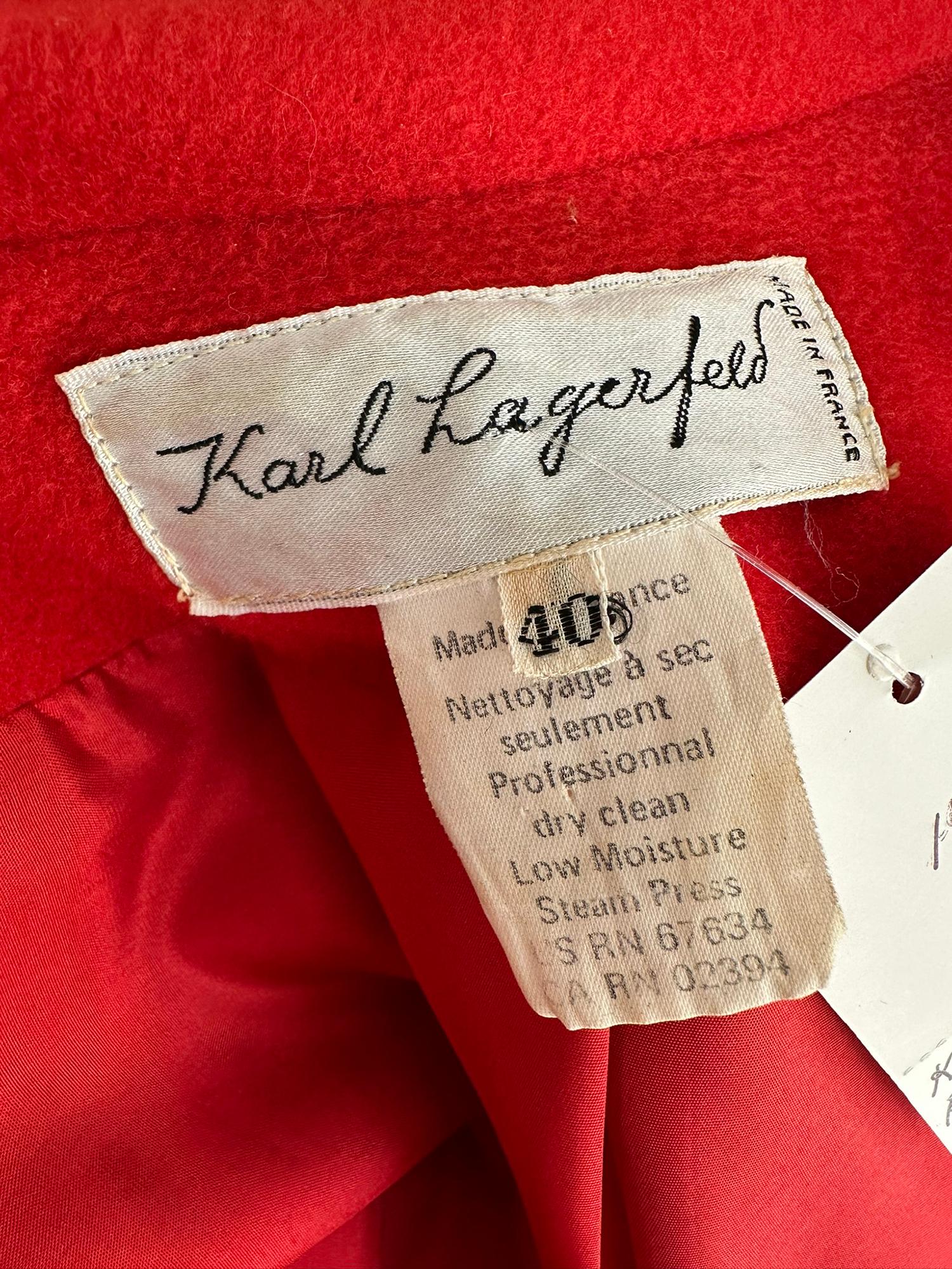 Karl Lagerfeld Dramatic Red Wool Dolman Sleeve Semi Full Skirt Coat 10 1980s For Sale 13