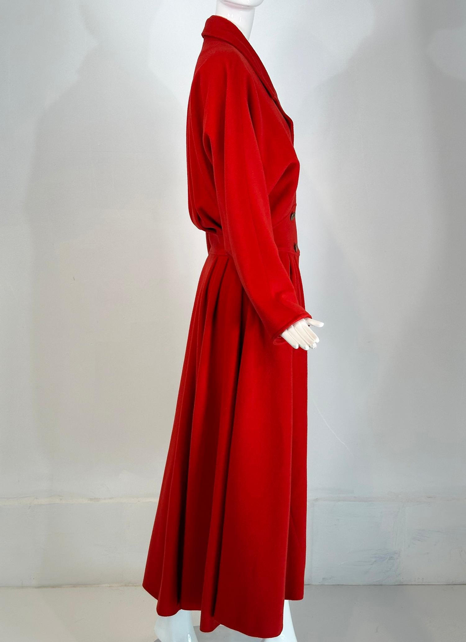 Karl Lagerfeld Dramatic Red Wool Dolman Sleeve Semi Full Skirt Coat 10 1980s In Good Condition For Sale In West Palm Beach, FL