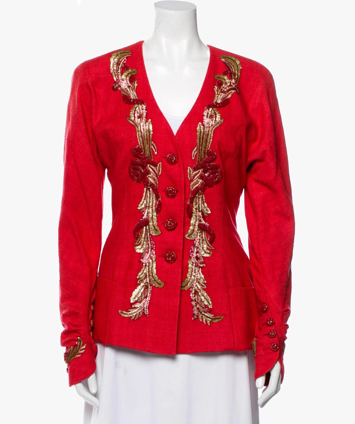 Red Karl Lagerfeld embroidered silk evening jacket, 1980s For Sale
