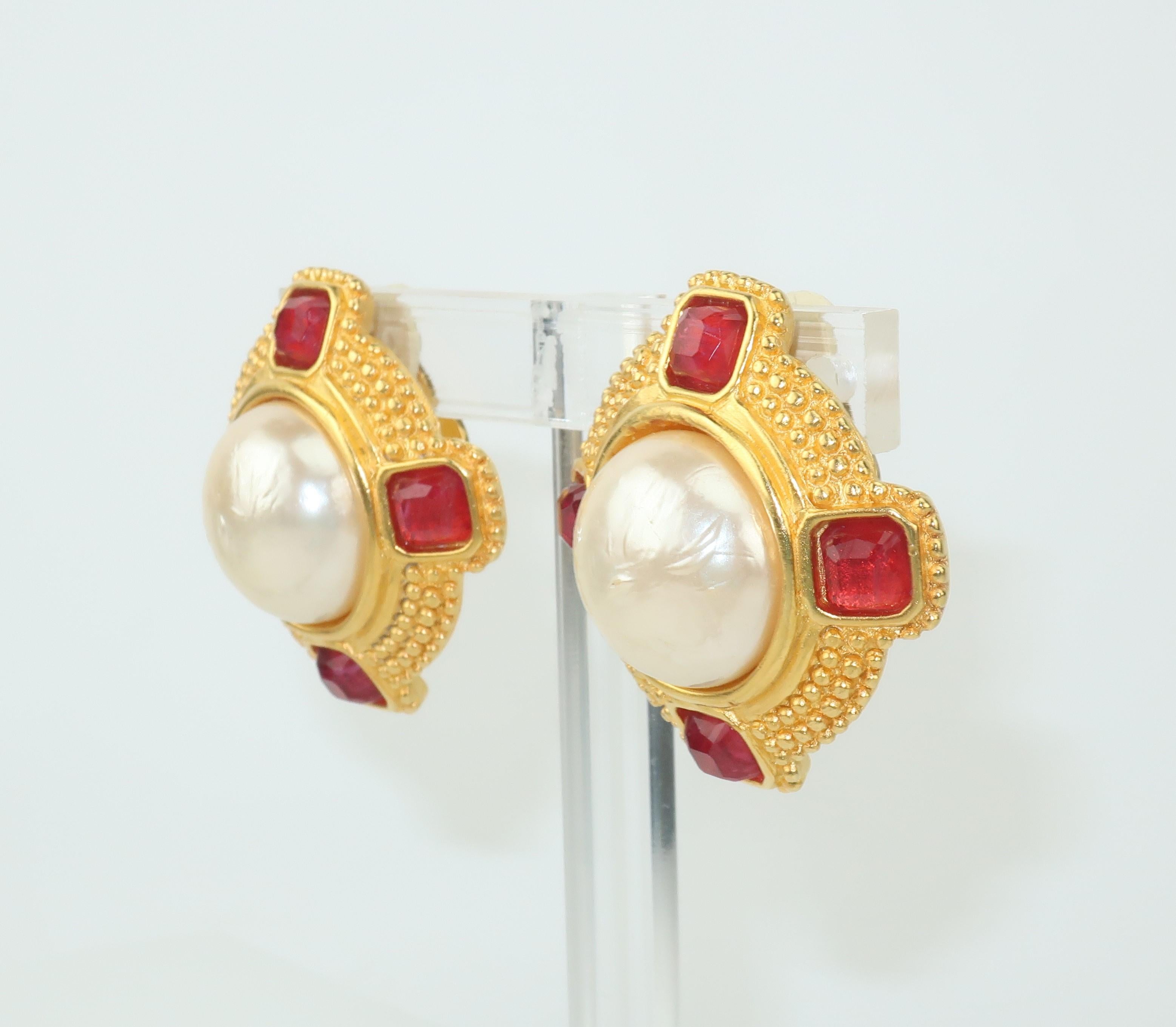 Classical Roman Karl Lagerfeld Faux Mabe Pearl & Amber Gold Earrings