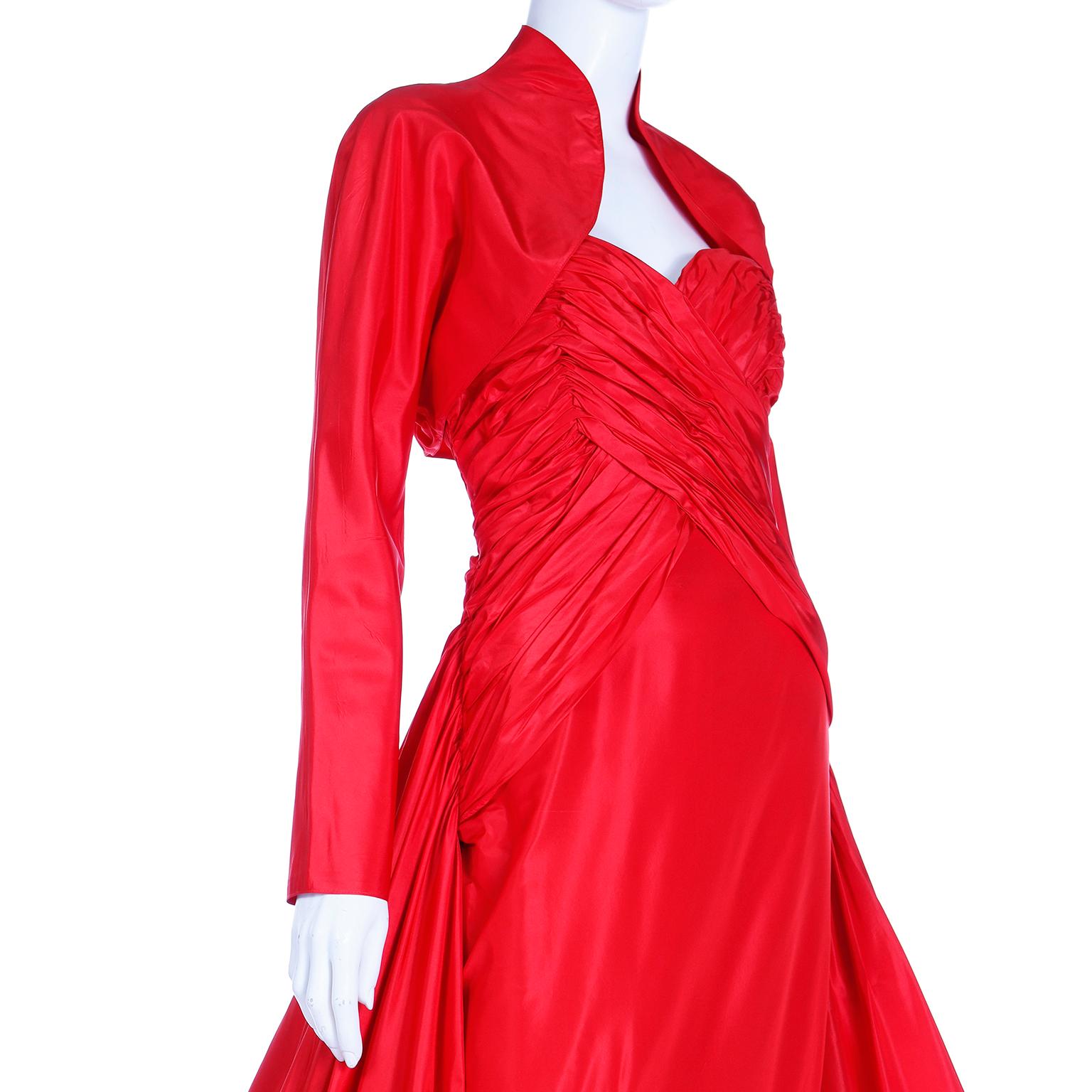 Karl Lagerfeld Fendi Red Silk Strapless Evening Dress w Train & Bolero Jacket 11