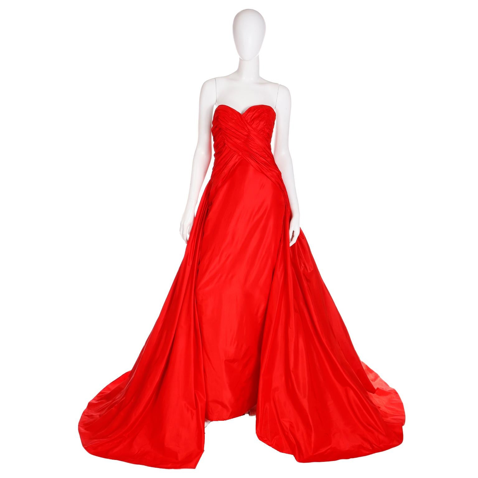 Karl Lagerfeld Fendi Red Silk Strapless Evening Dress w Train & Bolero Jacket In Excellent Condition In Portland, OR