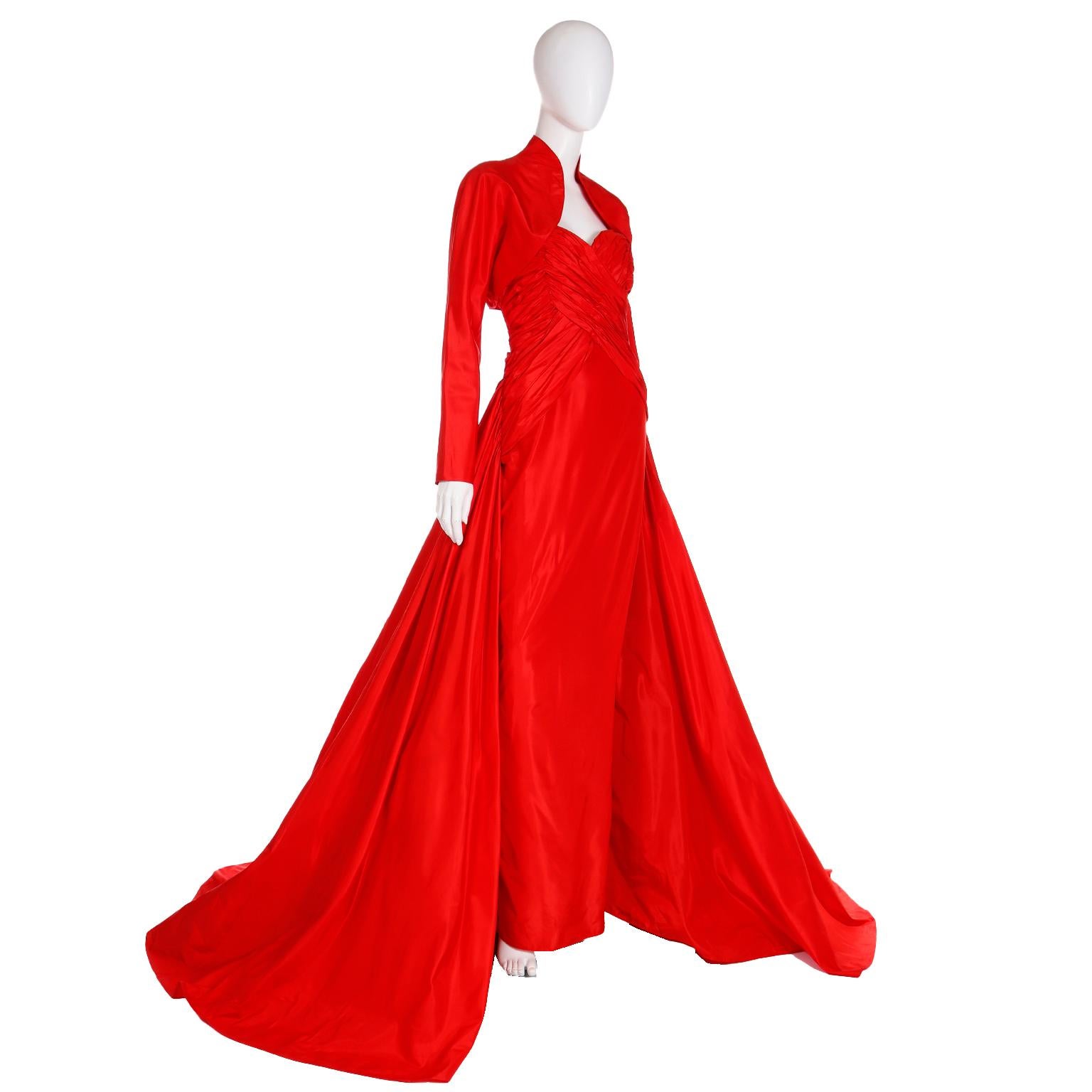 Women's Karl Lagerfeld Fendi Red Silk Strapless Evening Dress w Train & Bolero Jacket