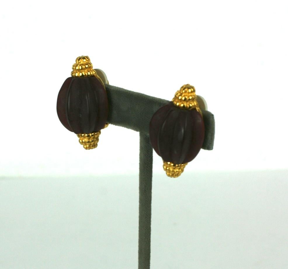 Karl Lagerfeld Fluted Pod Earrings from the 1990's. Matte gold finished with aubergine fluted matte resin 