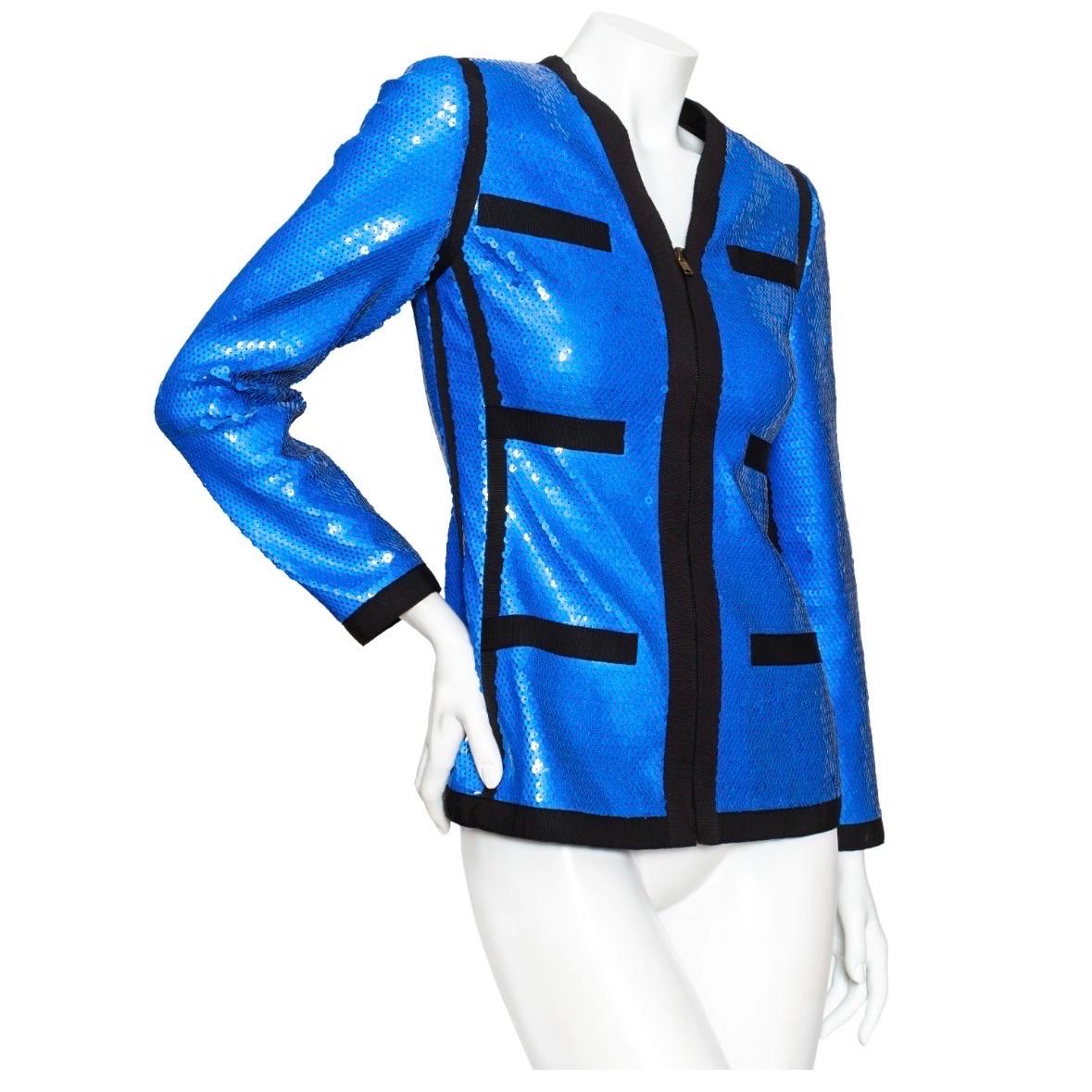 Chanel 1991 Blue Sequin Black Grosgrain Scuba Jacket

Spring/Summer 1991 Collection; Collection 25 by Karl Lagerfeld 
Style worn by Linda Evangelista during iconic Fall 1990 runway dubbed 