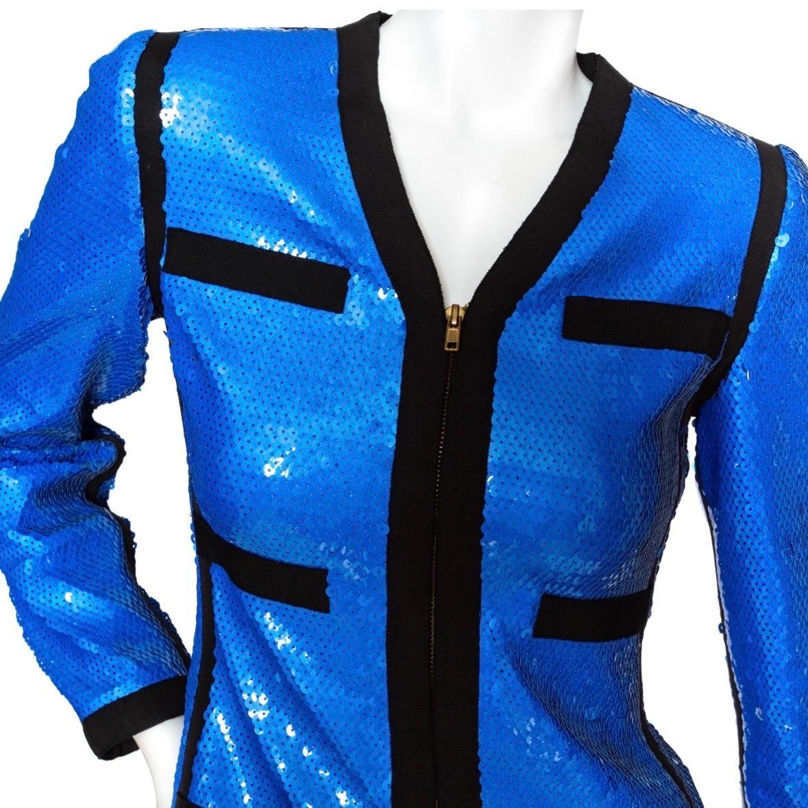 Karl Lagerfeld For Chanel 1991 Blue Sequin Black Grosgrain Scuba Jacket In Good Condition In Los Angeles, CA