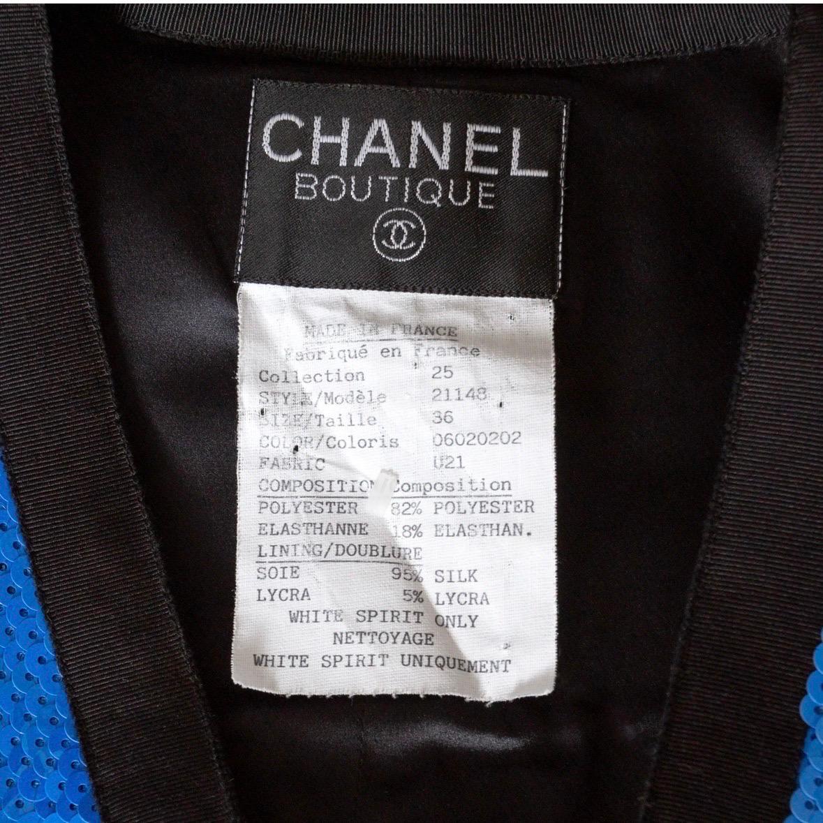 Women's Karl Lagerfeld For Chanel 1991 Blue Sequin Black Grosgrain Scuba Jacket