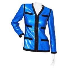 Karl Lagerfeld For Chanel 1991 Blue Sequin Black Grosgrain Scuba Jacket