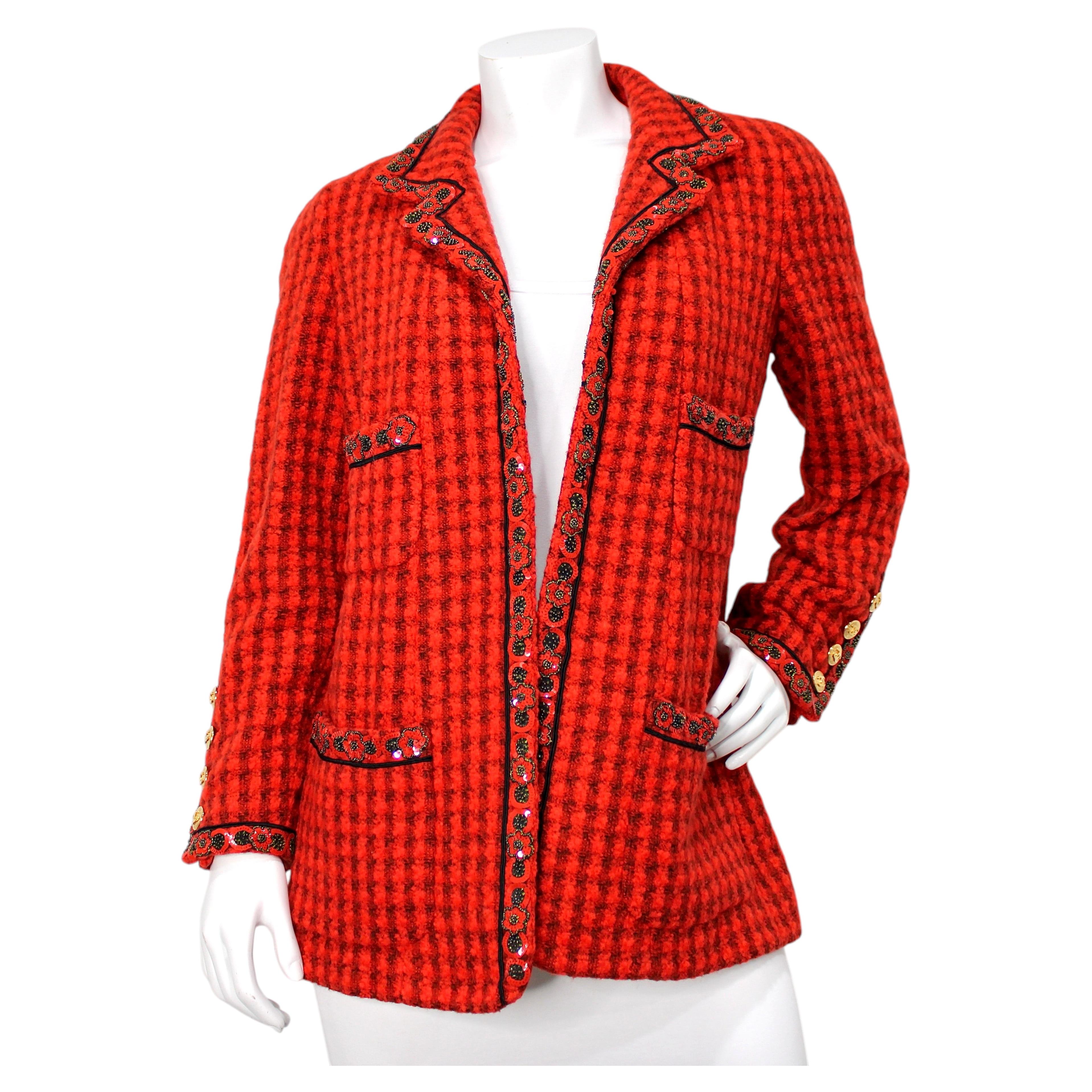 Karl Lagerfeld for Chanel FW 1991 Runway Red Tweed Floral Sequin Jacket