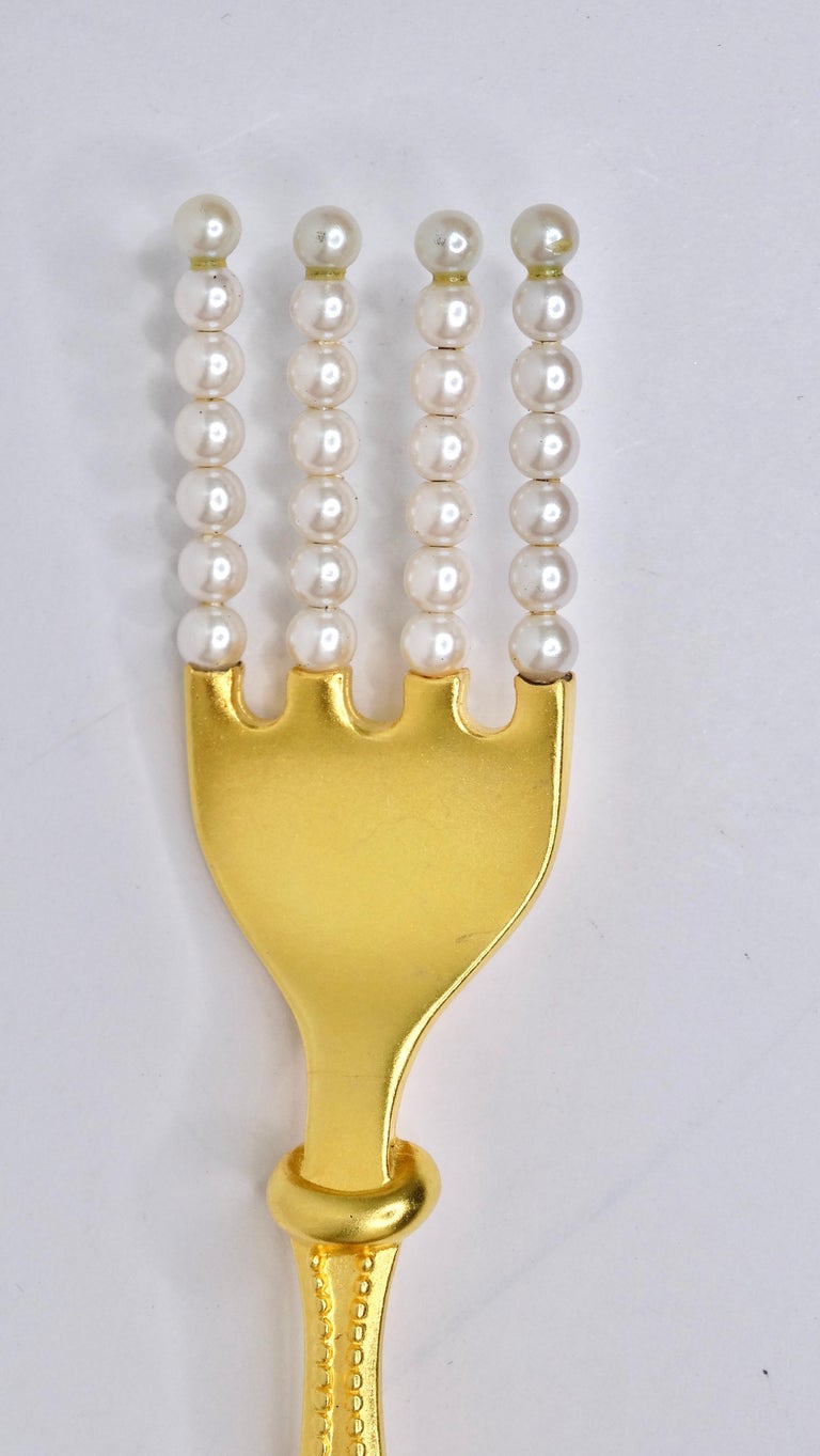 Karl Lagerfeld Gilt Gold Fork Brooch With Pearls at 1stDibs