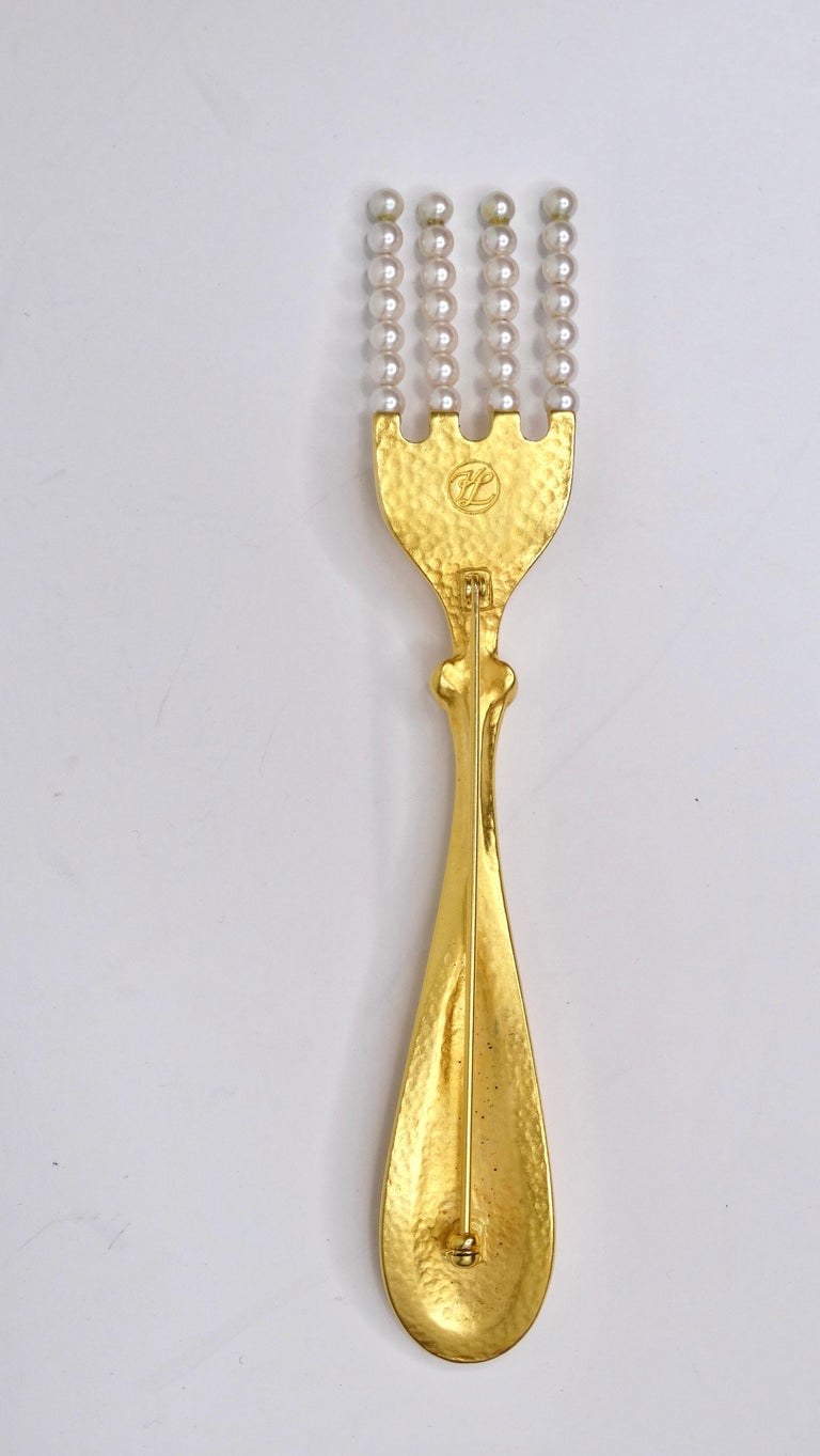 Karl Lagerfeld Gilt Gold Fork Brooch With Pearls at 1stDibs