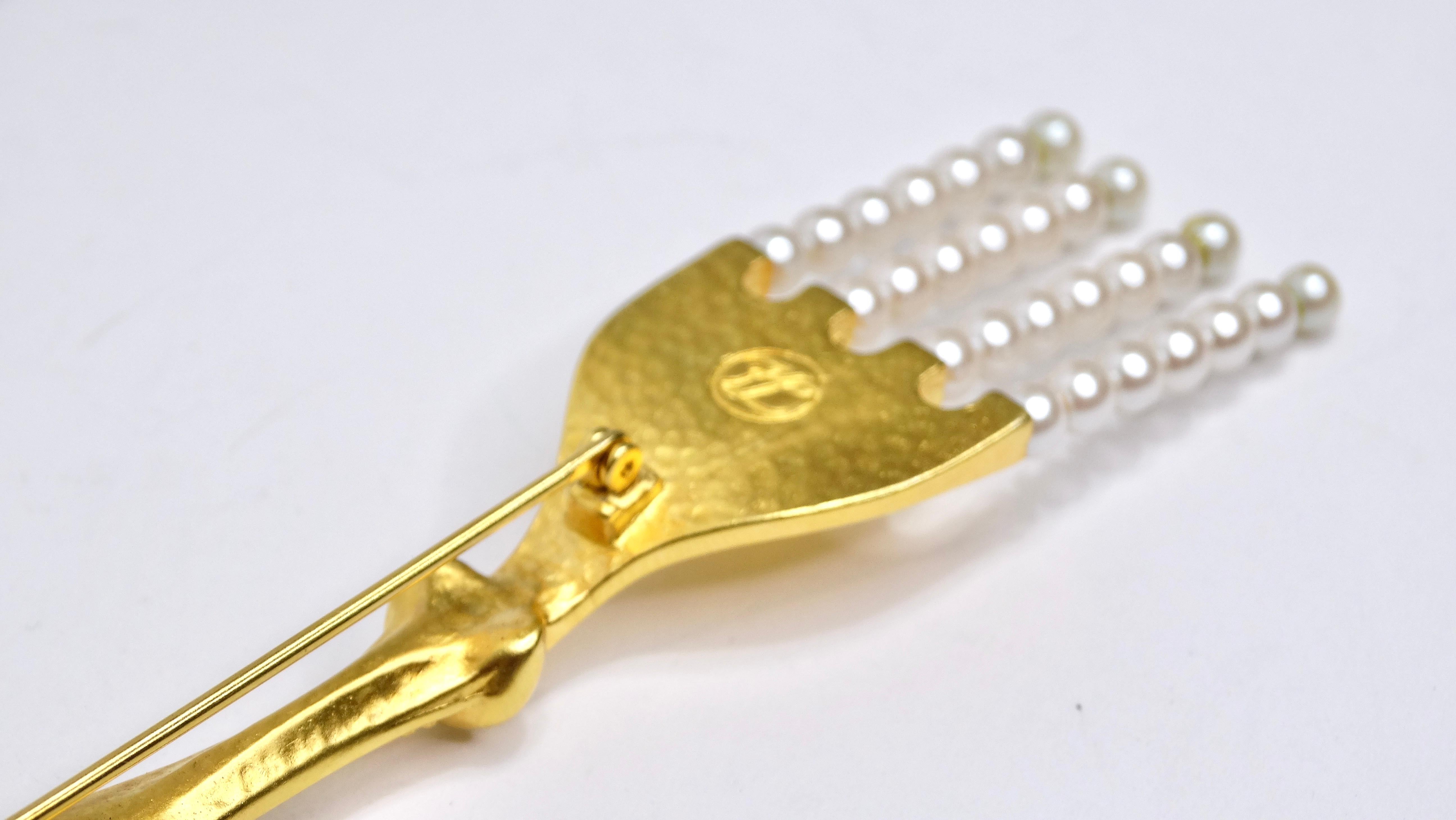 Karl Lagerfeld Gilt Gold Fork Brooch With Pearls In Good Condition In Scottsdale, AZ