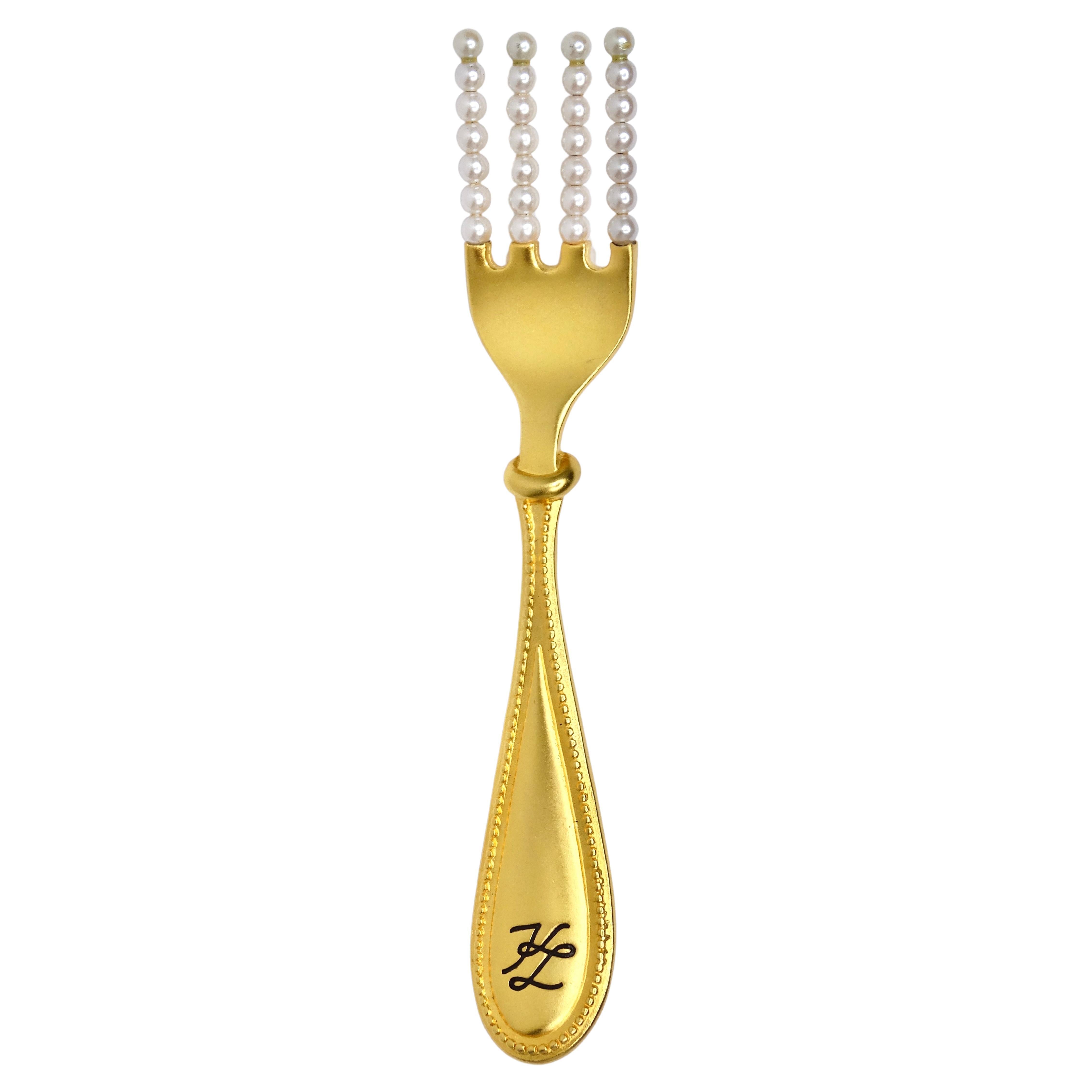 Karl Lagerfeld Gilt Gold Fork Brooch with Pearls