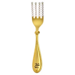 Retro Karl Lagerfeld Gilt Gold Fork Brooch With Pearls