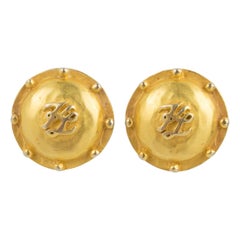 Karl Lagerfeld Gilt Metal Cabochon KL Clip Earrings