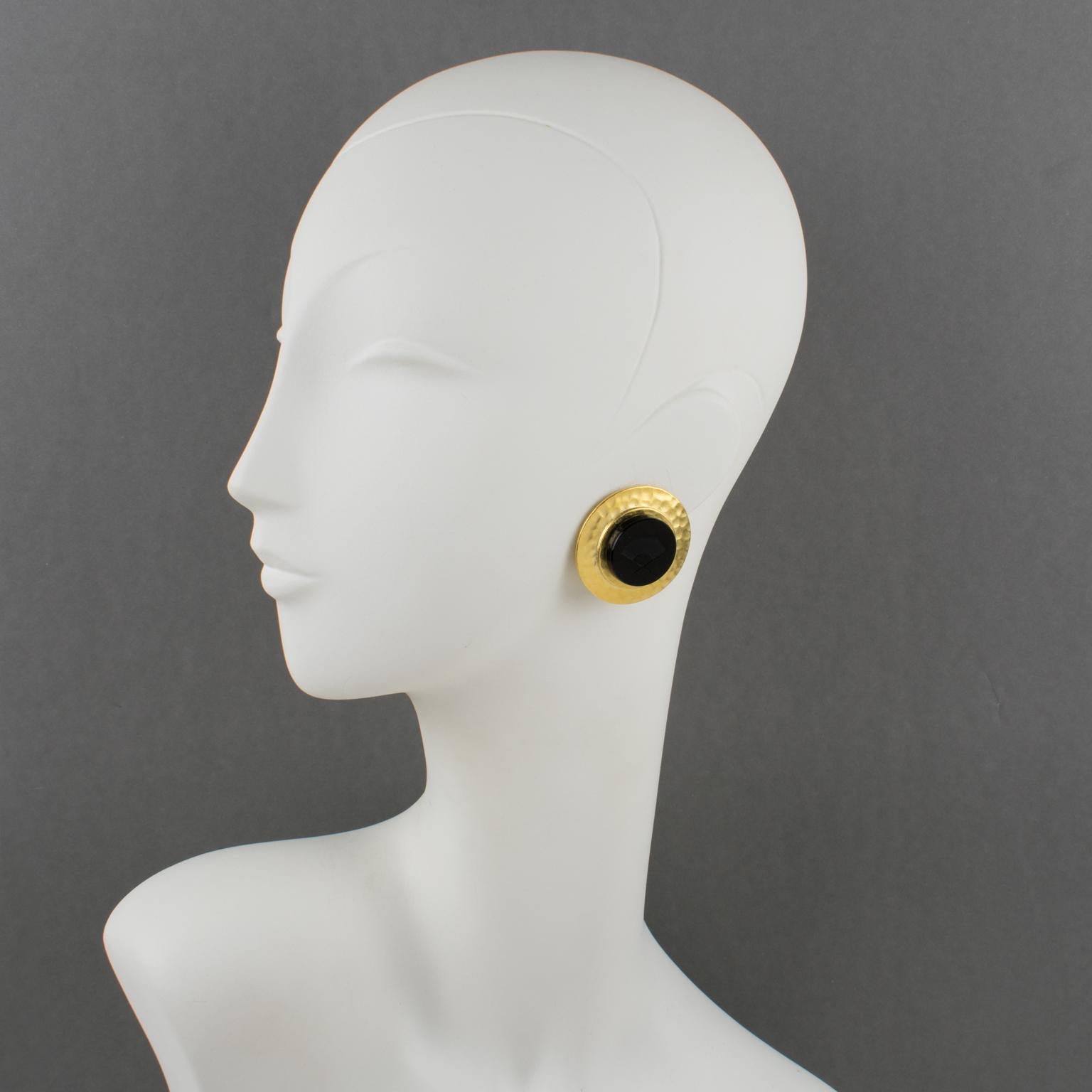 Modern Karl Lagerfeld Gilt Metal Clip Earrings with Black Intaglio