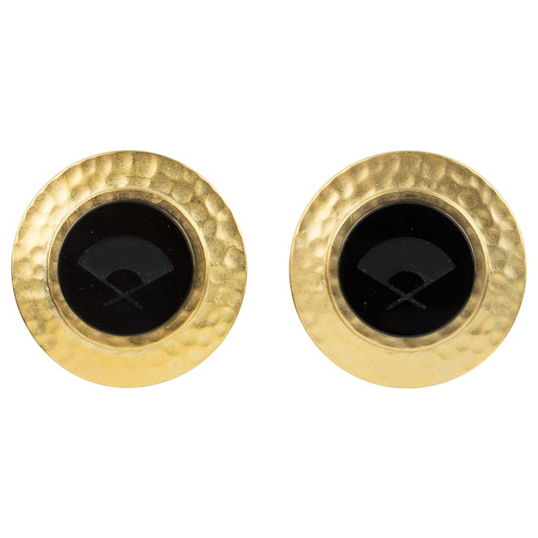 Karl Lagerfeld Gilt Metal Clip Earrings with Black Intaglio For Sale at  1stDibs