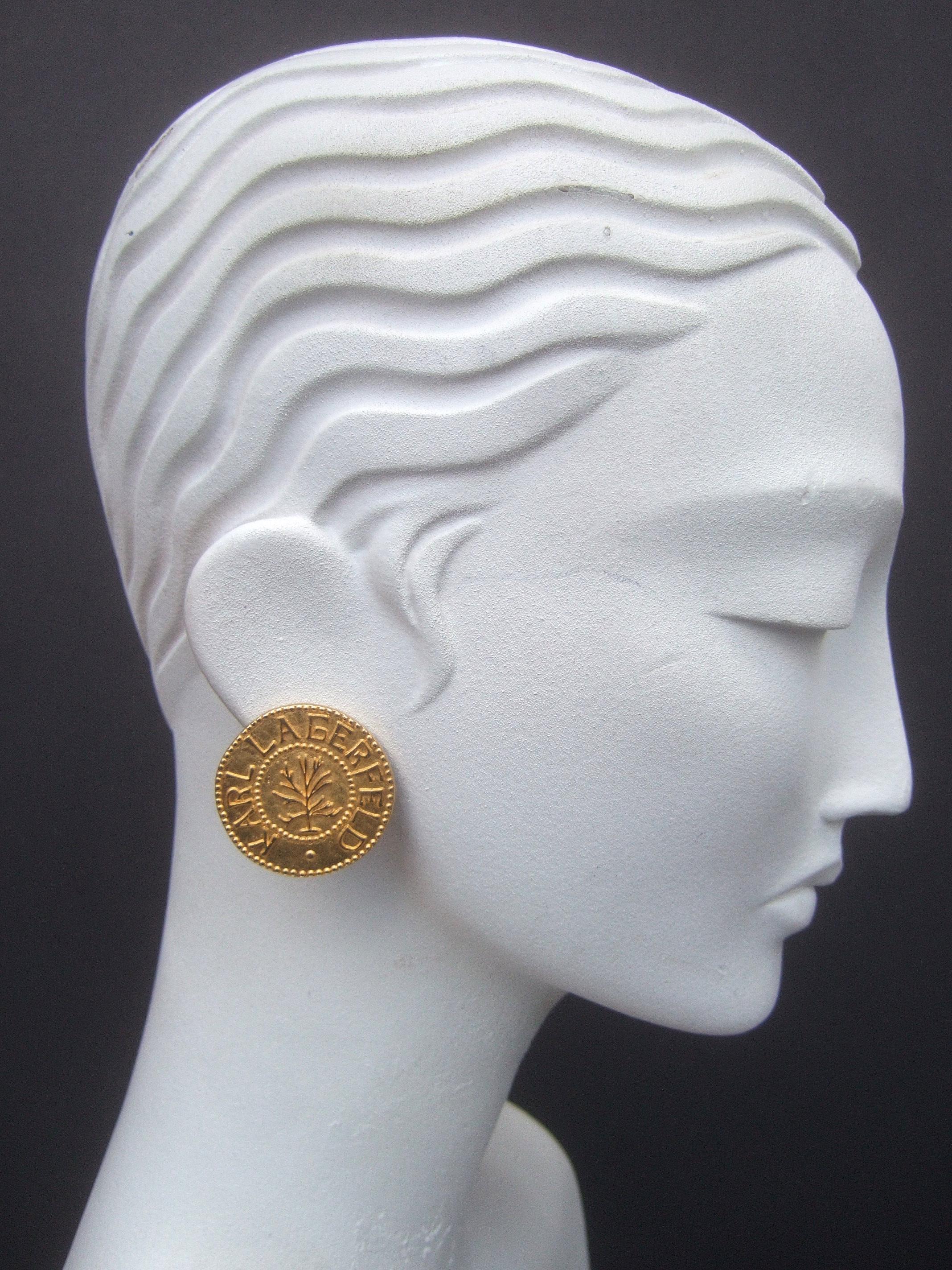 Karl Lagerfeld Gilt Metal Clip-on Button Style Earrings c 1990 In Good Condition In University City, MO