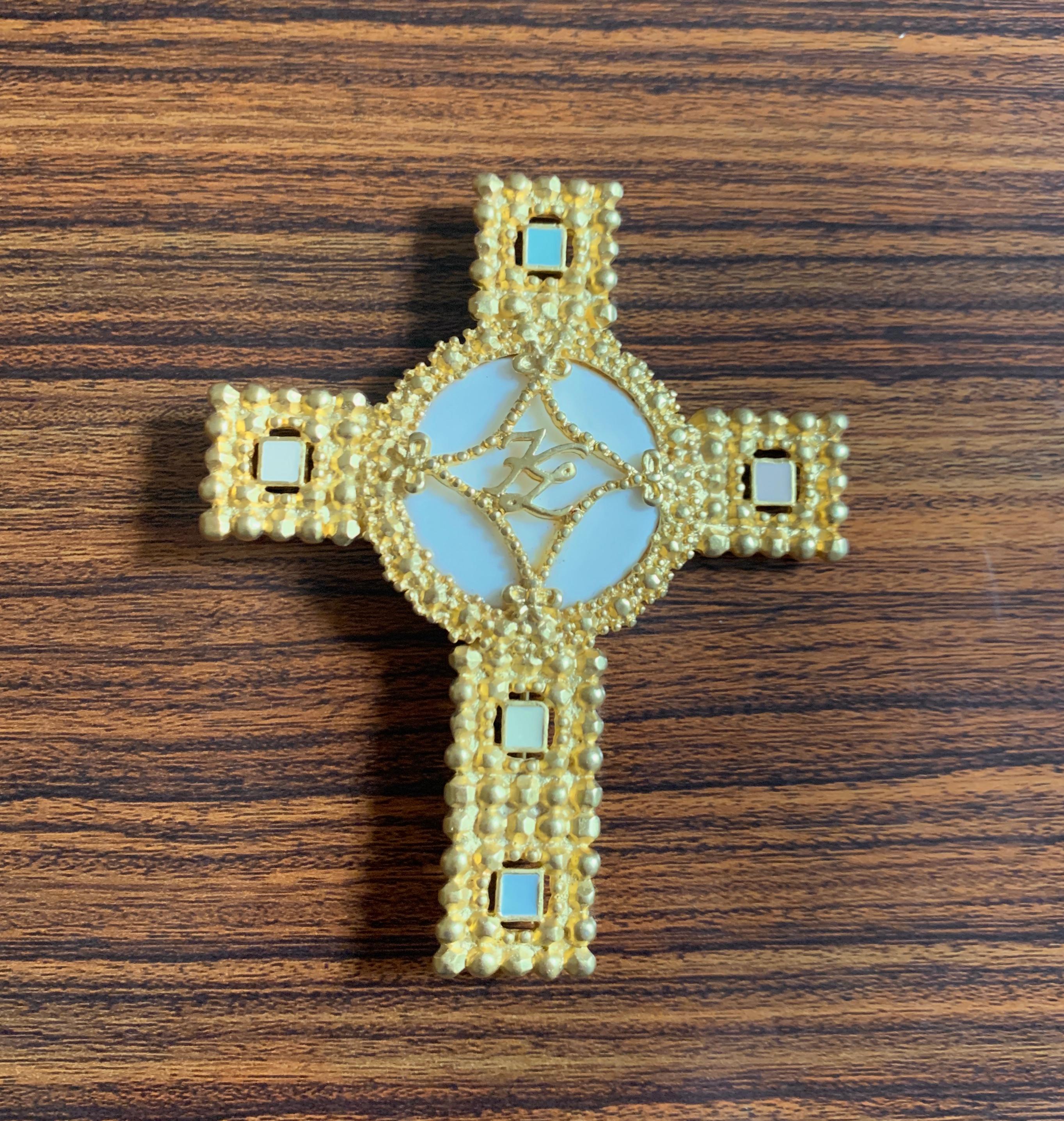 Karl Lagerfeld Gold Cross Pin with Pastel Enamel Details, 1990s  In Excellent Condition In San Francisco, CA