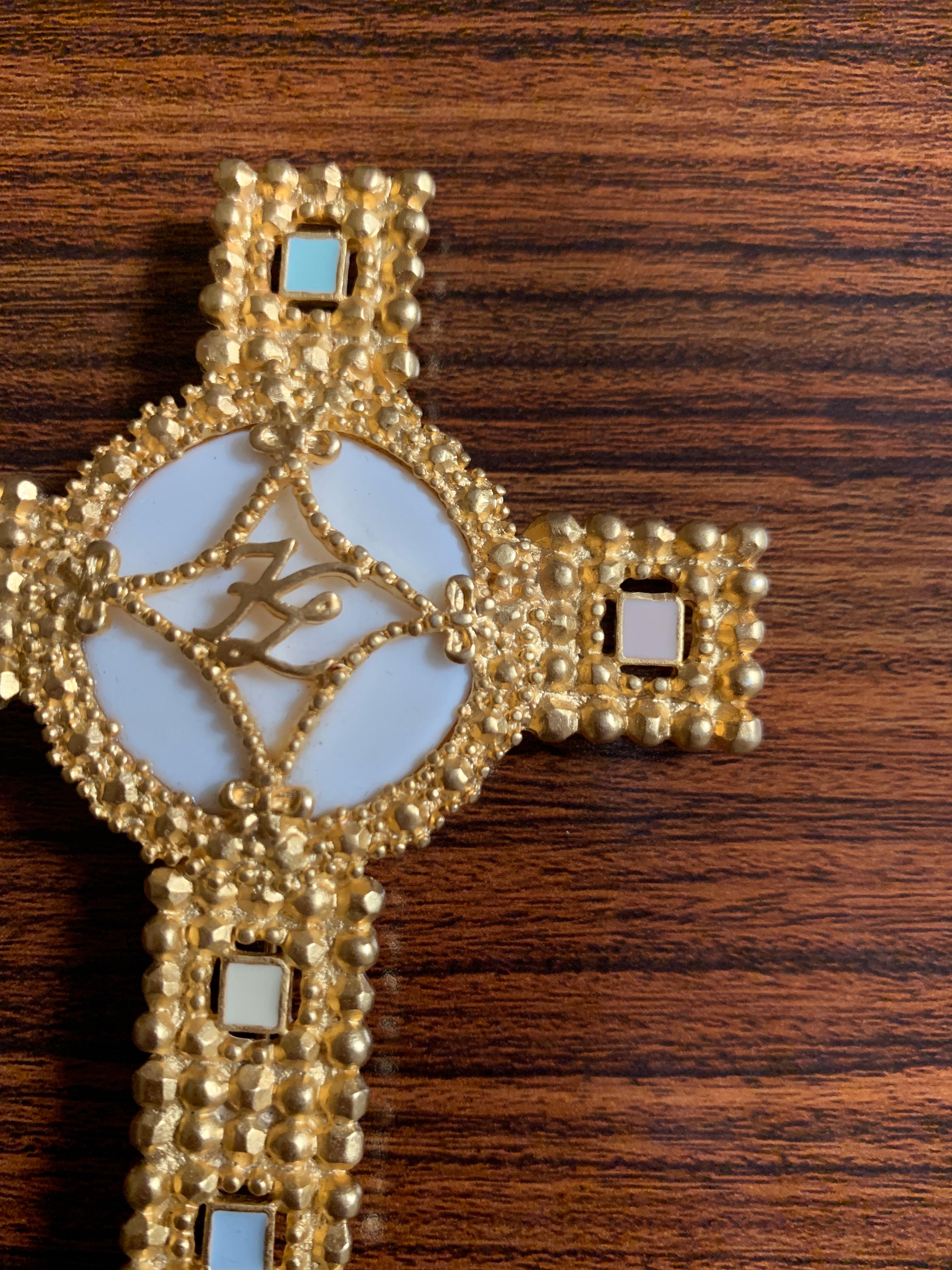 Women's Karl Lagerfeld Gold Cross Pin with Pastel Enamel Details, 1990s 