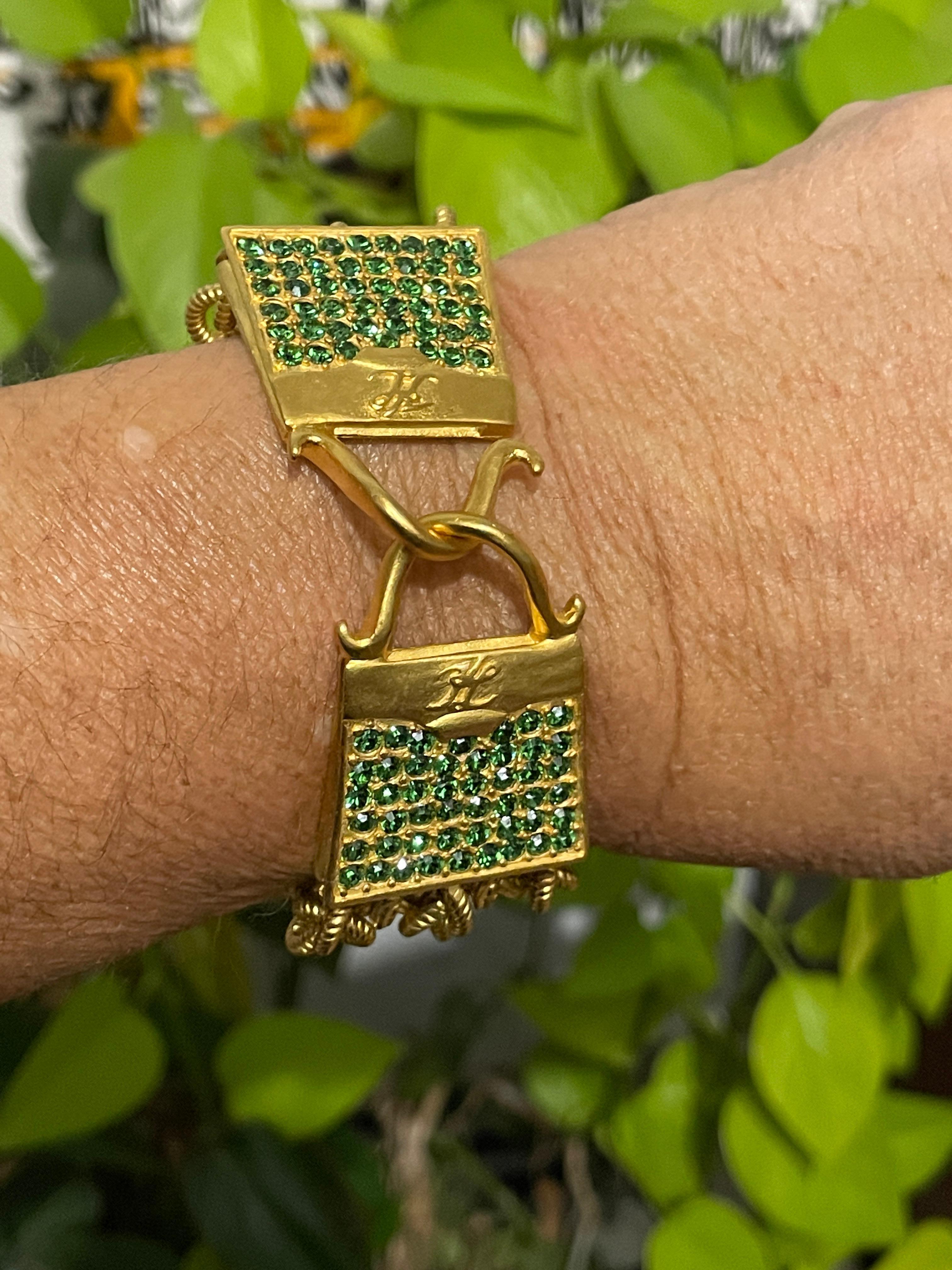 Karl Lagerfeld Gold Gilt and Glass Handbag Bracelet 90s For Sale 3