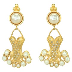 Vintage KARL LAGERFELD Gold Plated Ballerina Dress Earrings, 1980's
