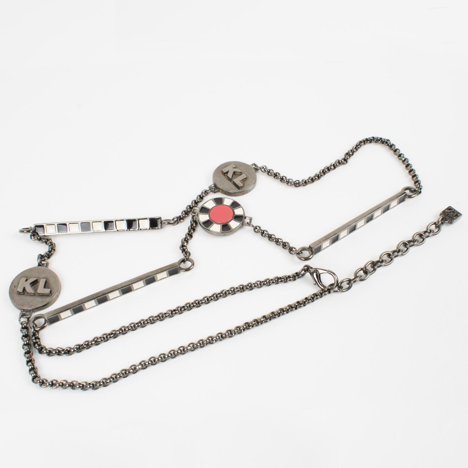 Karl Lagerfeld Gunmetal Long Necklace with Red and Black Enamel For Sale 5